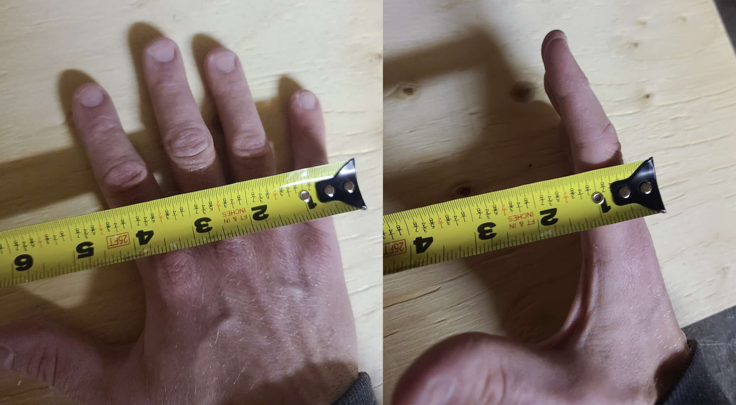 Left side, a photo of the back of a hand and a tape measure across, the hand is about 4" wide. Right side: a hand on end with a tape measure across, the hand is about 1" wide.