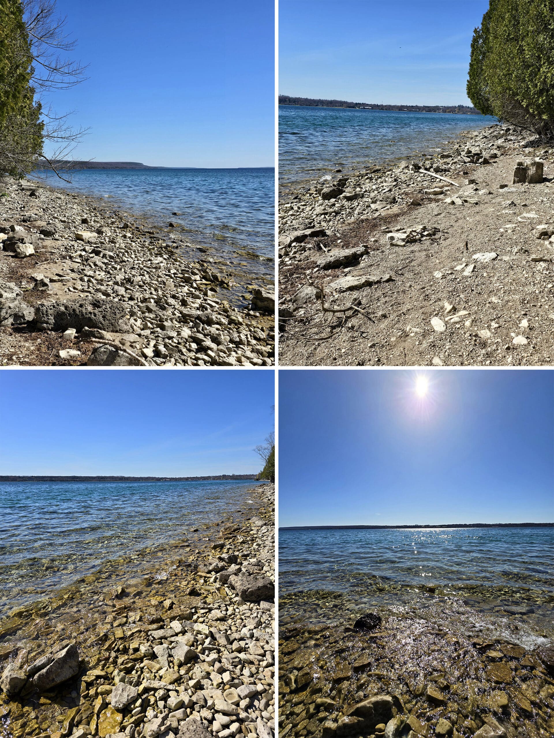 4 part image showing a rocky beach and blue water on a bright sunny day.