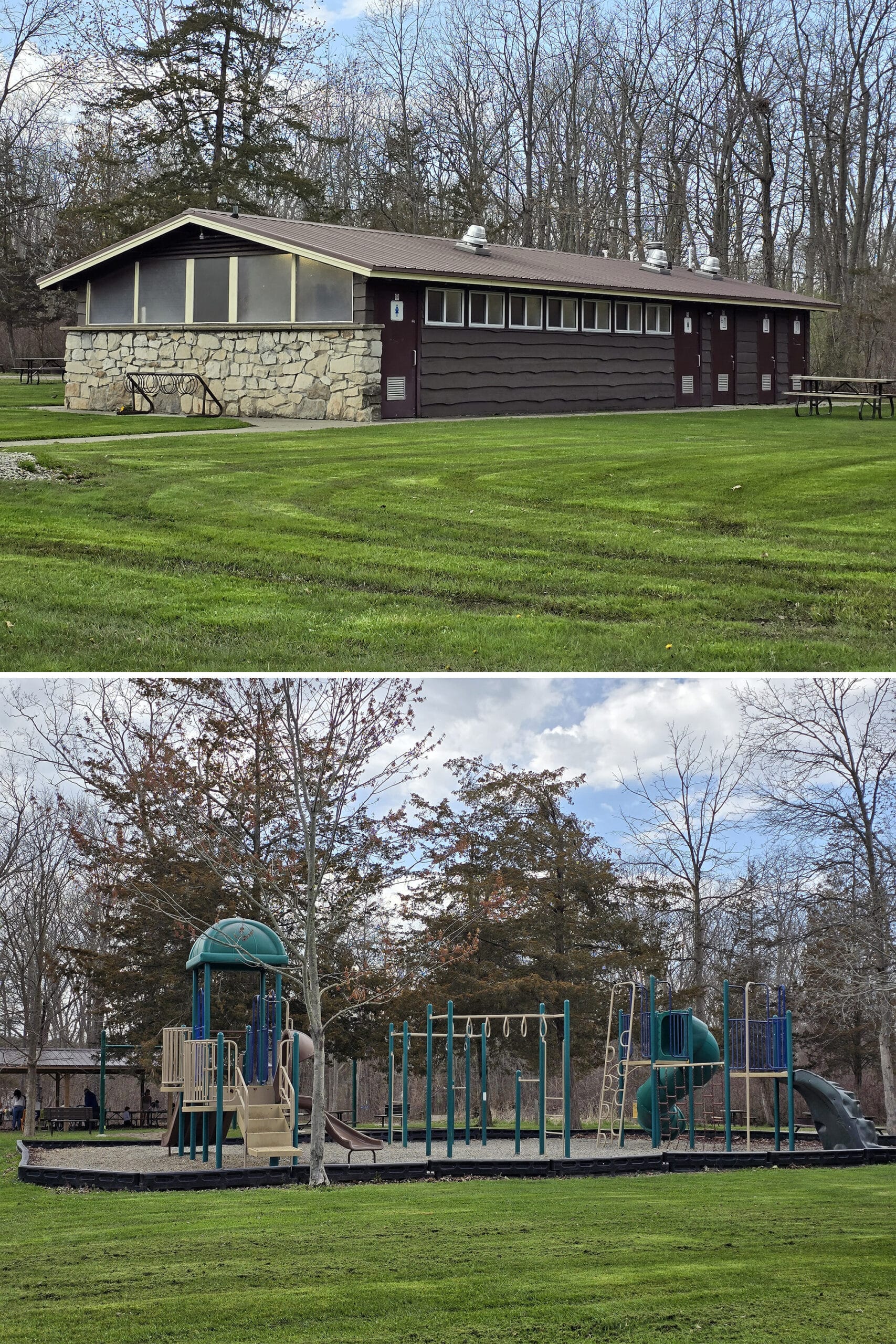 2 part image showing a comfort station and a playground.