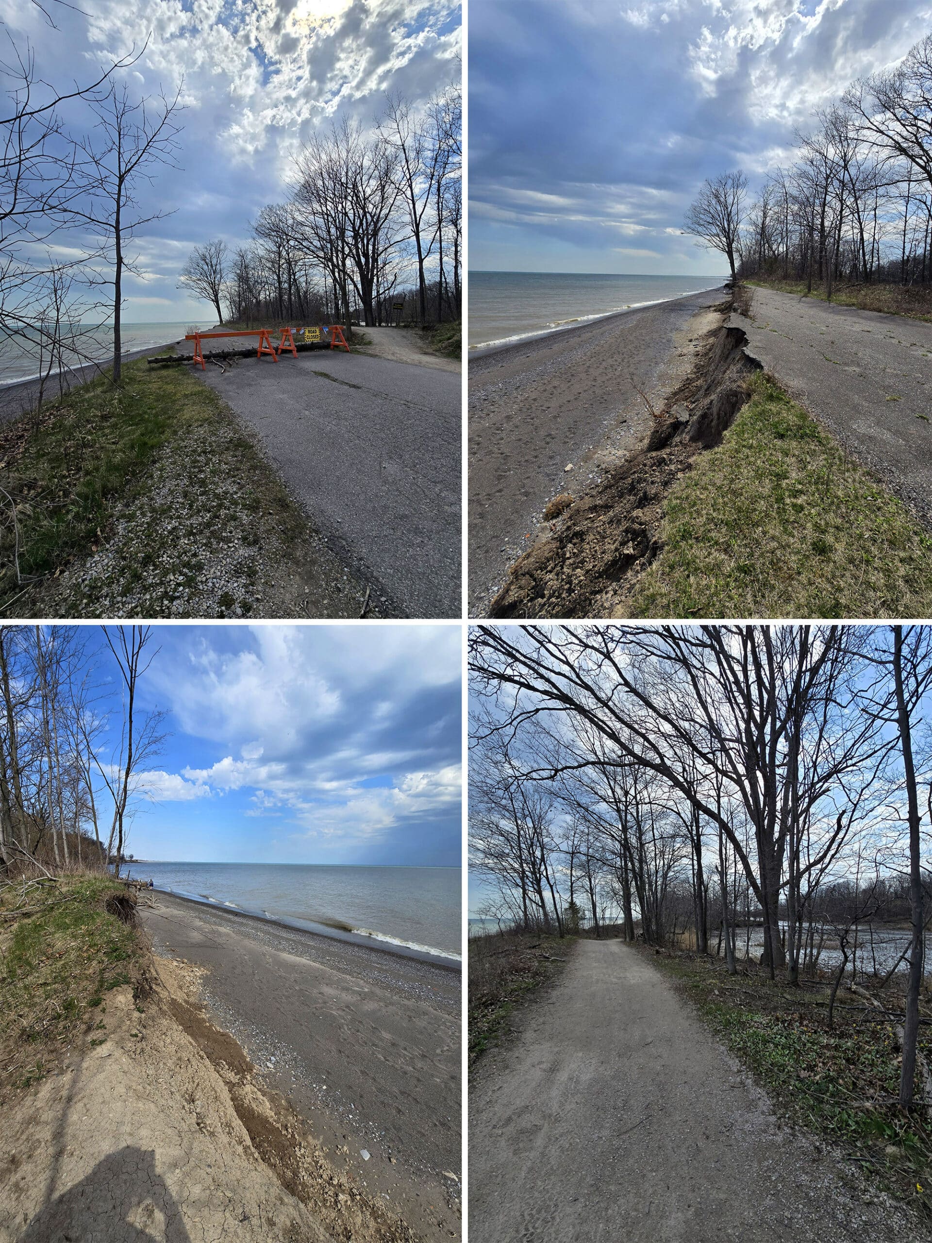 4 part image showing a washed out road and cliffs next to lake erie.