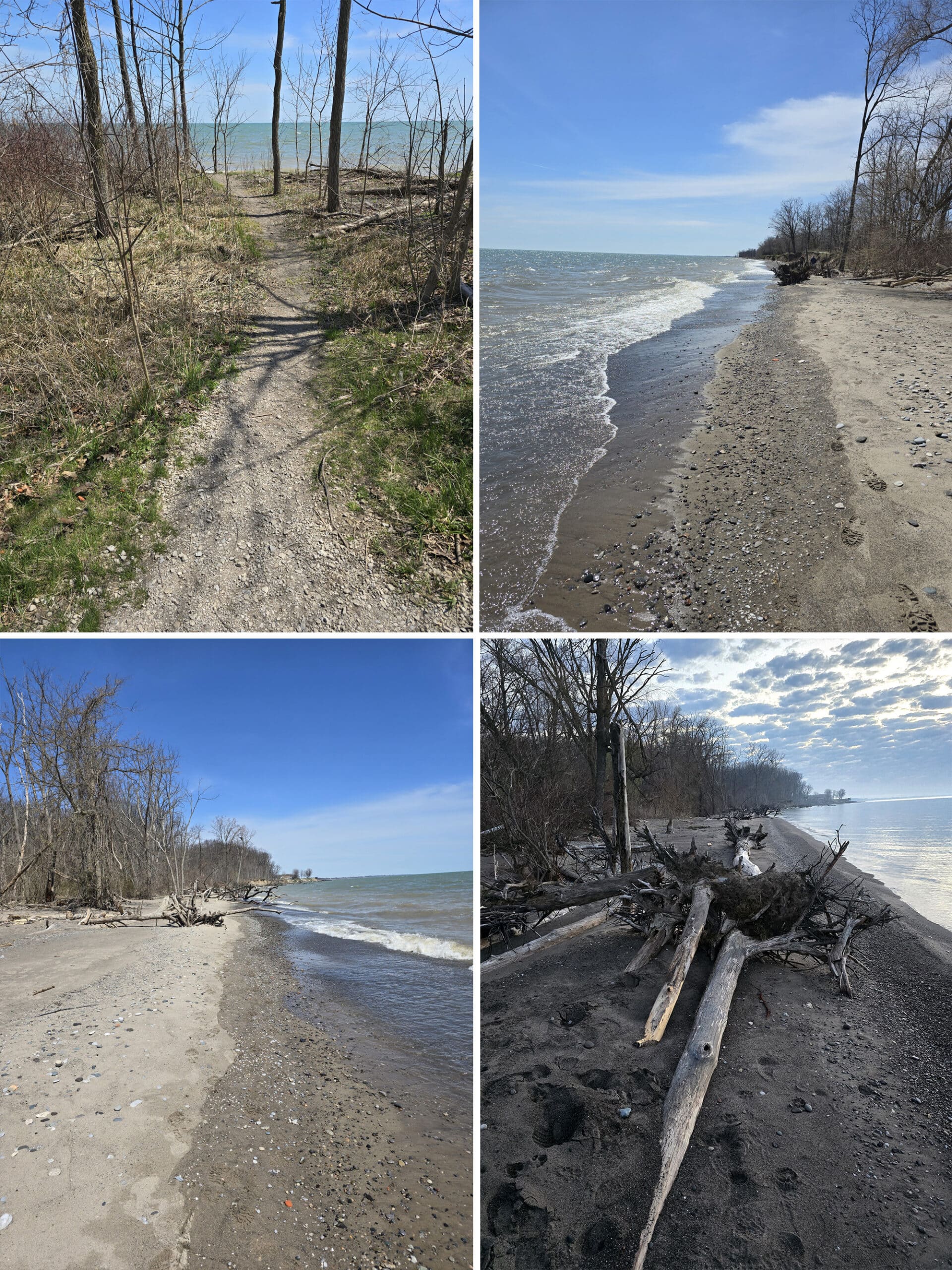 4 part image showing a trail to a beach, and a rocky beach.