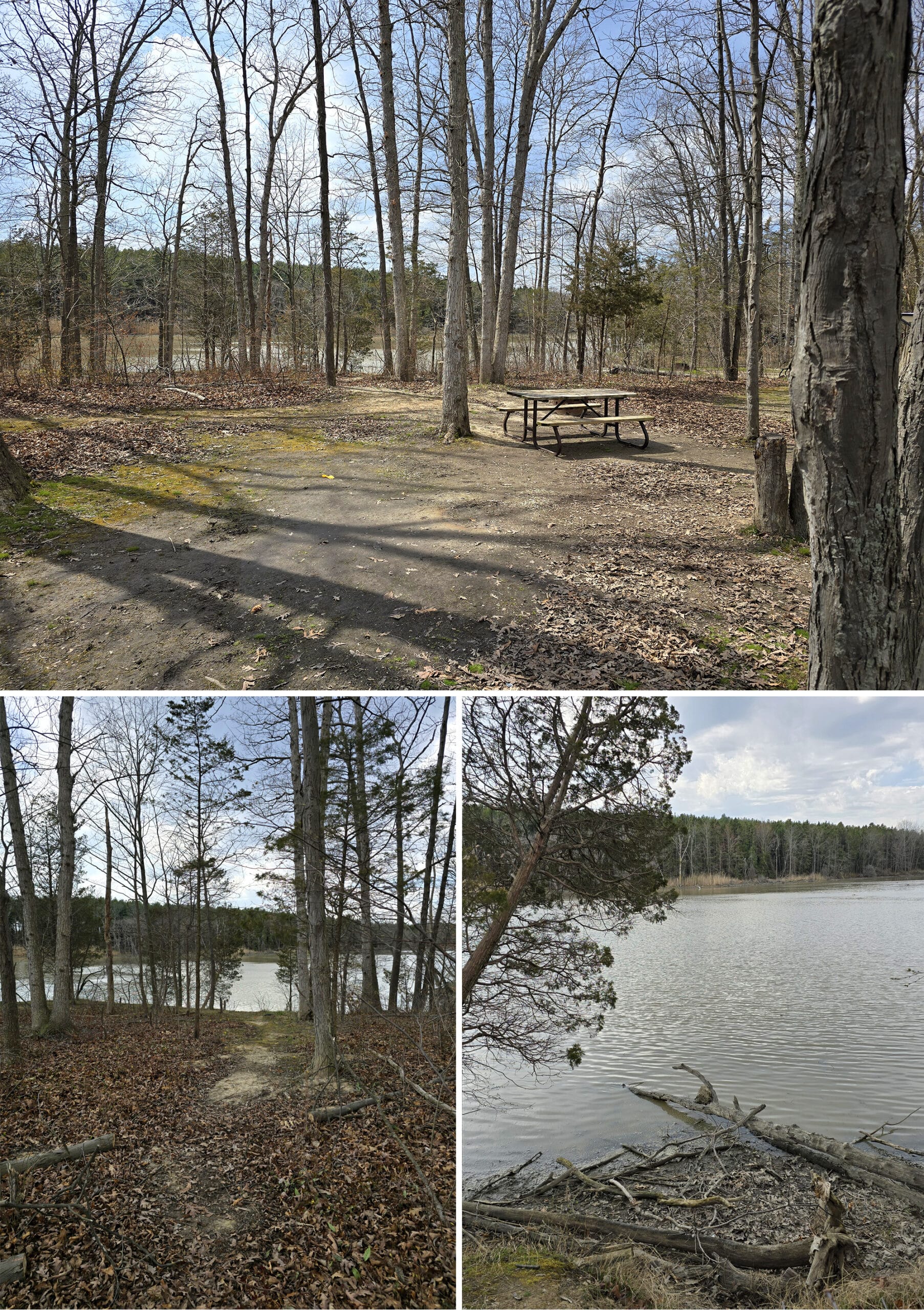 3 part image showing a campsite, a trail down to a creek, and a view over the creek.