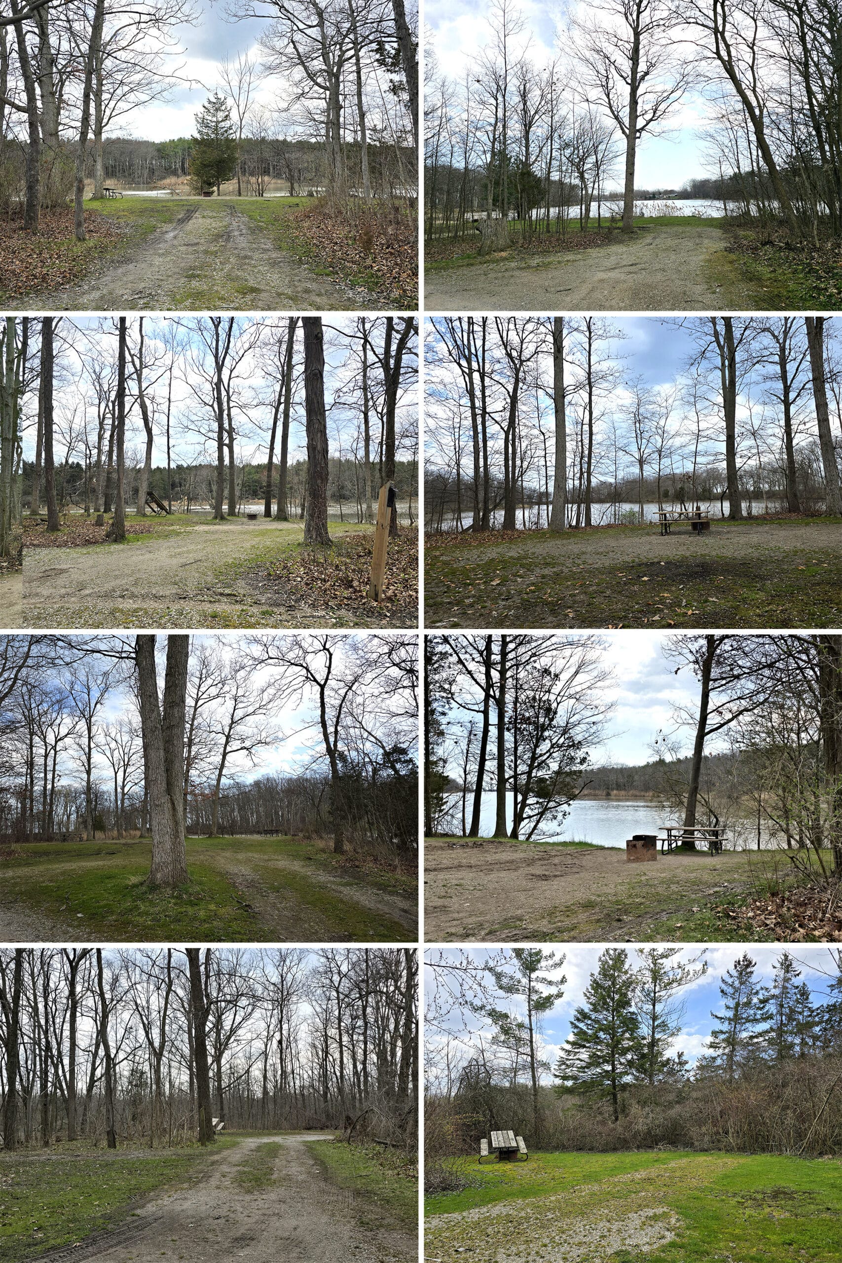 8 part image showing various empty campsites.