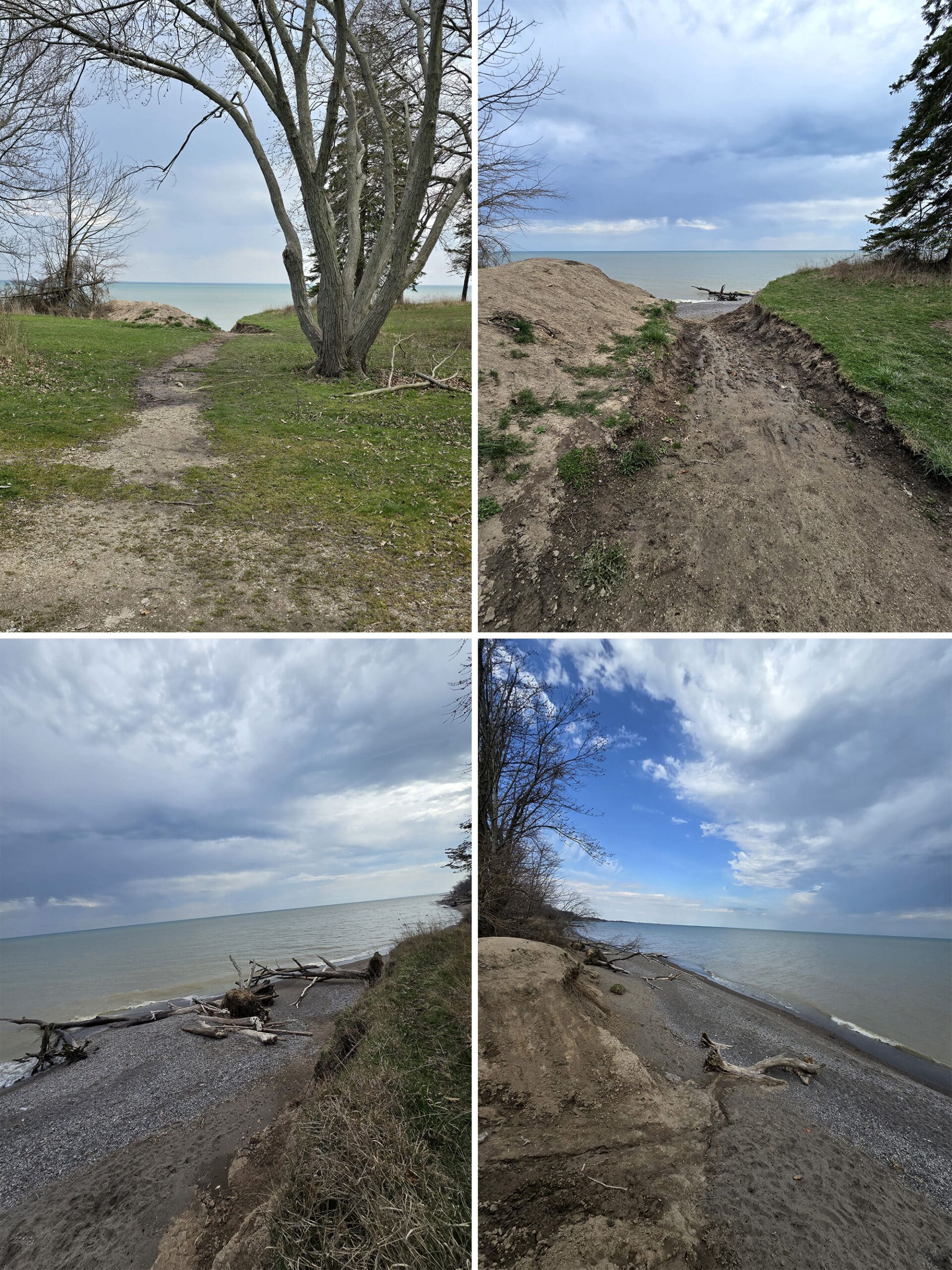 4 part image showing the path to the day use beach, and the beach itself.