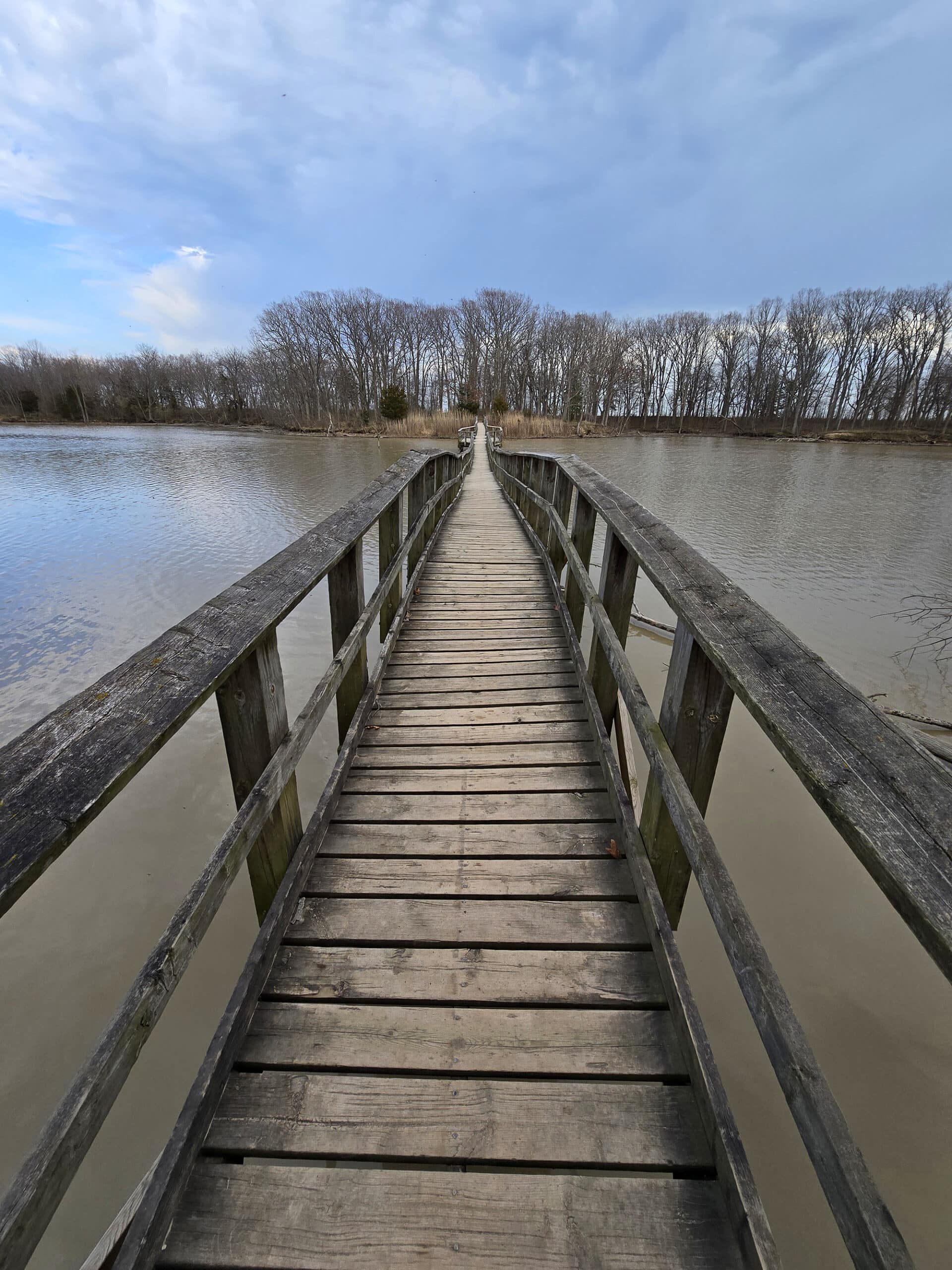 A long wooden bridge over a creek.