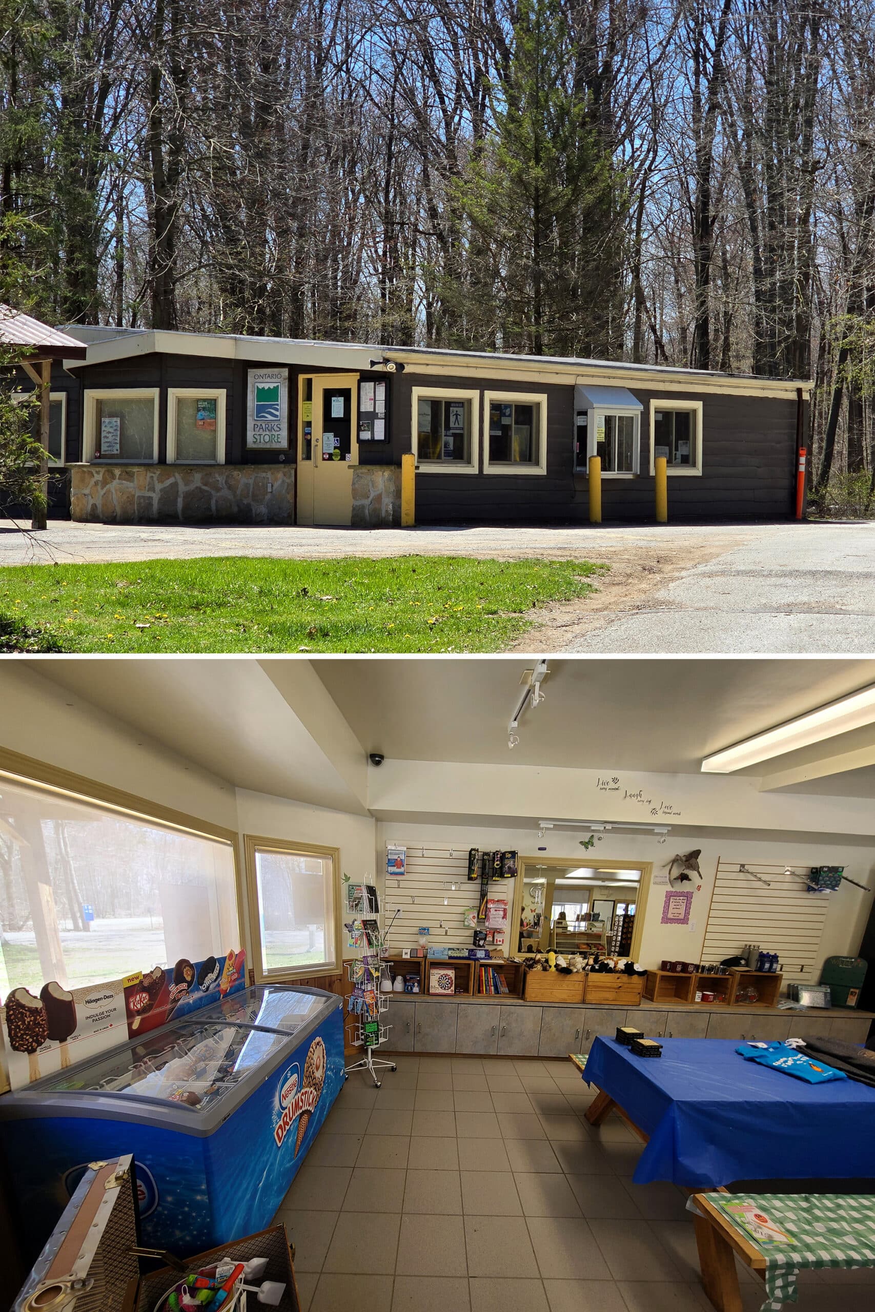 The front office at Wheatly Provincial Park, interior and exterior views.