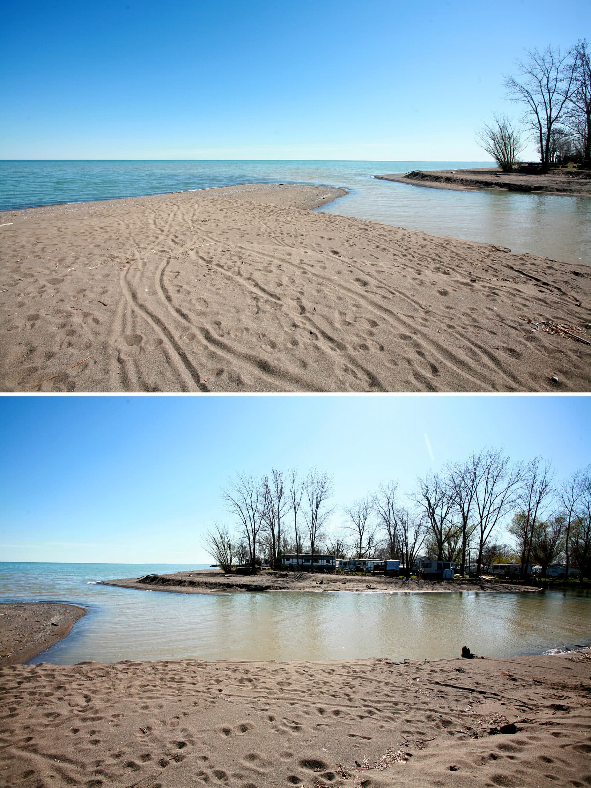 2 part image showing a sandy beach ending at a channel to another land mass with a camp ground.