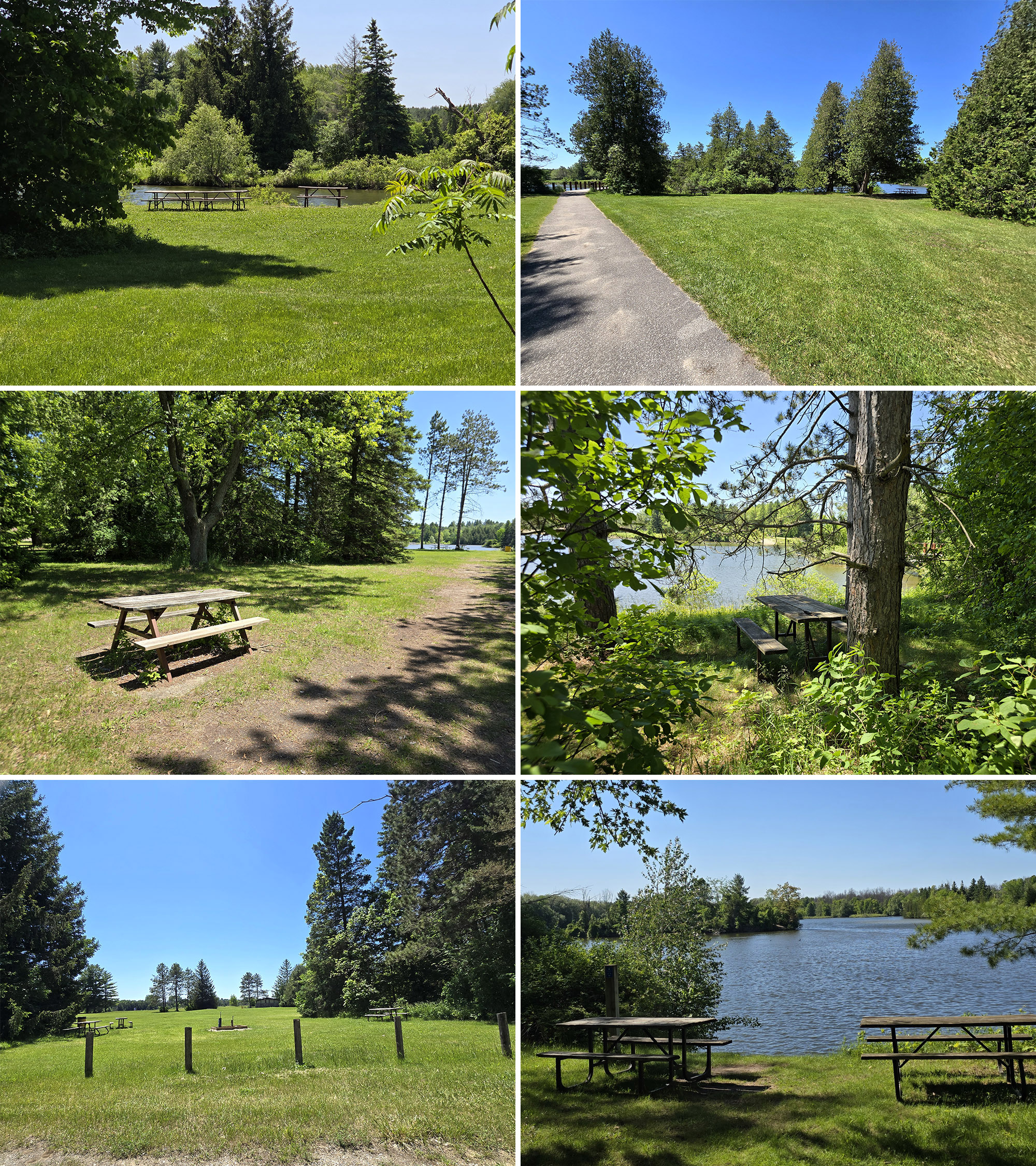 6 part image showing various scenic picnic areas in Earl Rowe Provincial Park.
