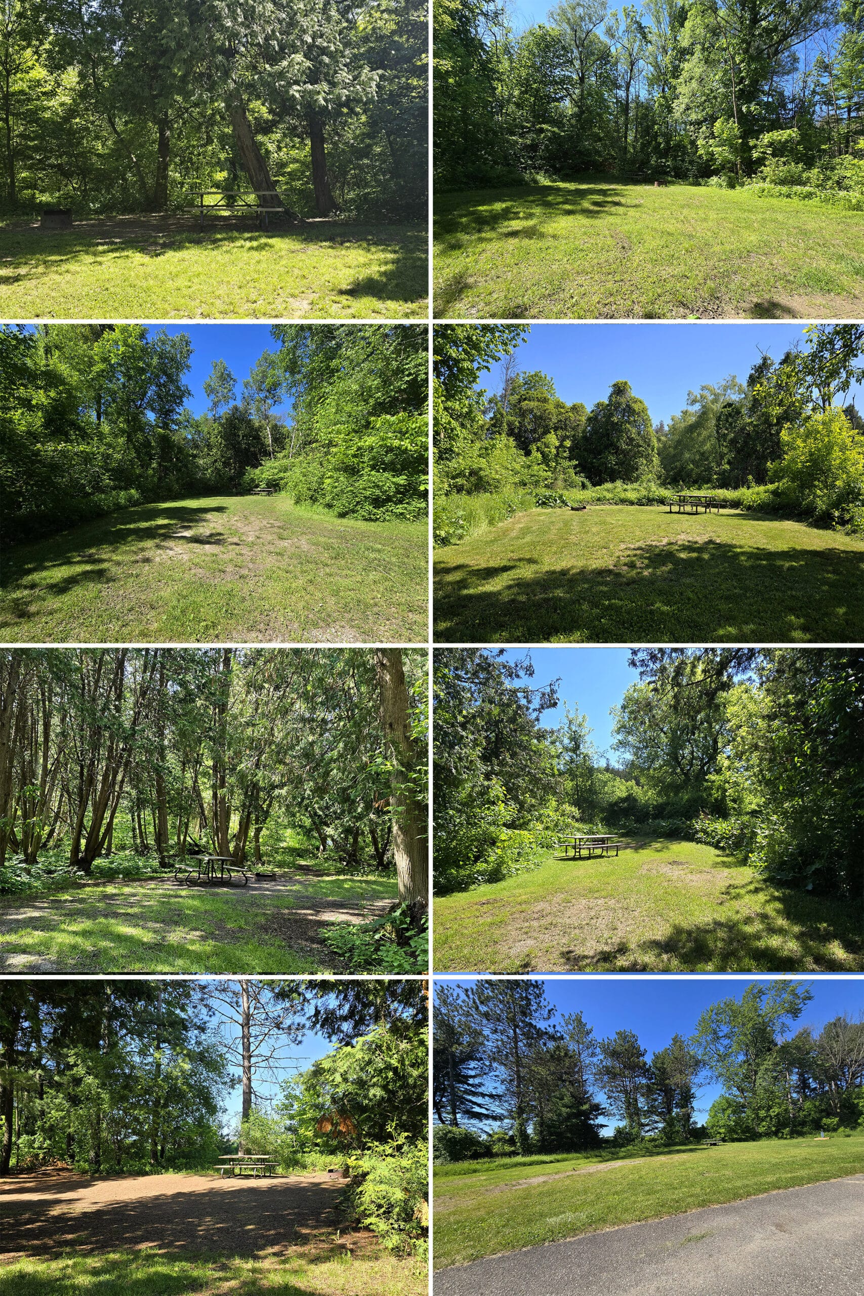 8 part image showing various campsites from the Riverside campground.