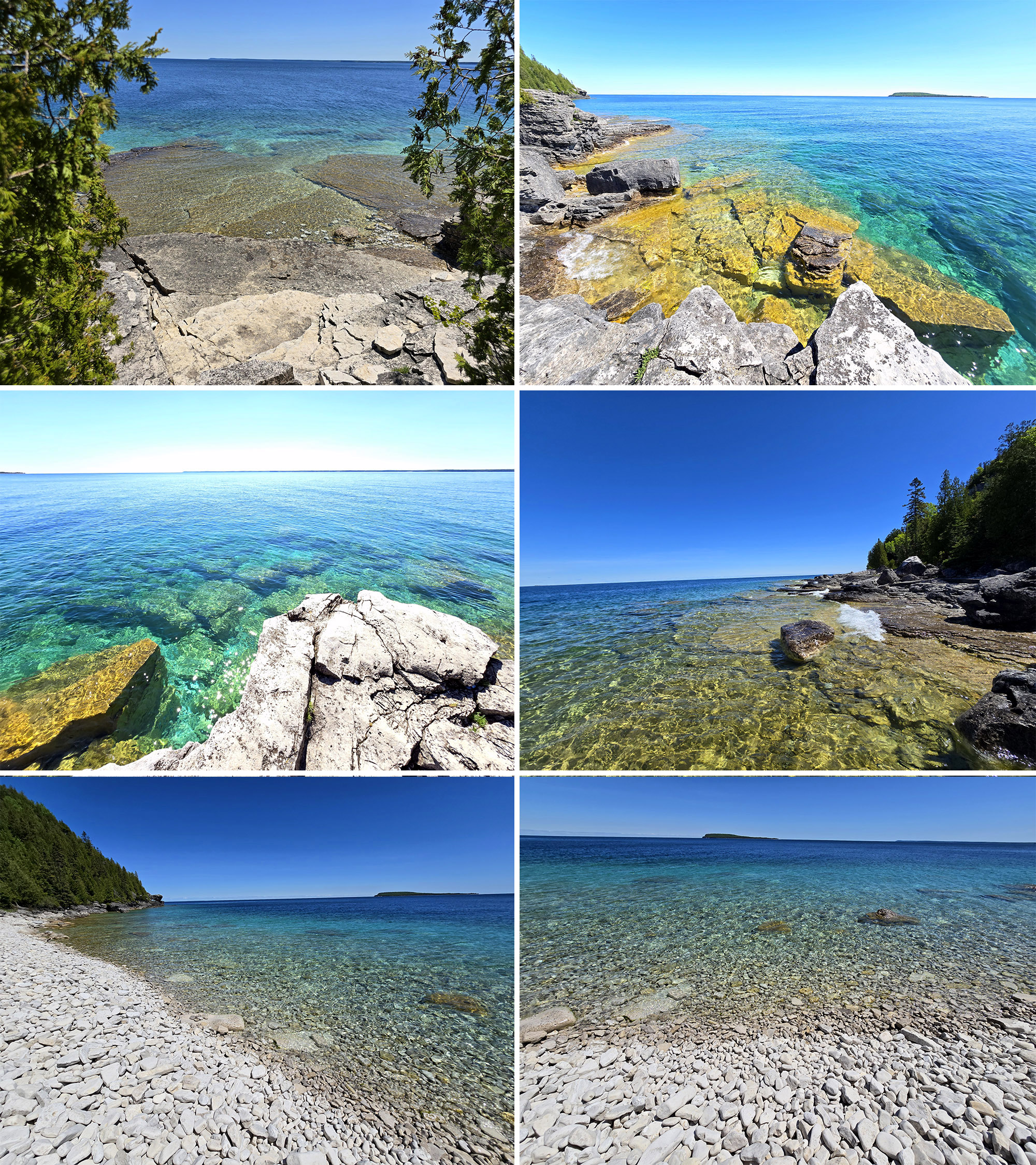 6 part image showing various views of crystal blue water and rocky shorelines at flower pot island.
