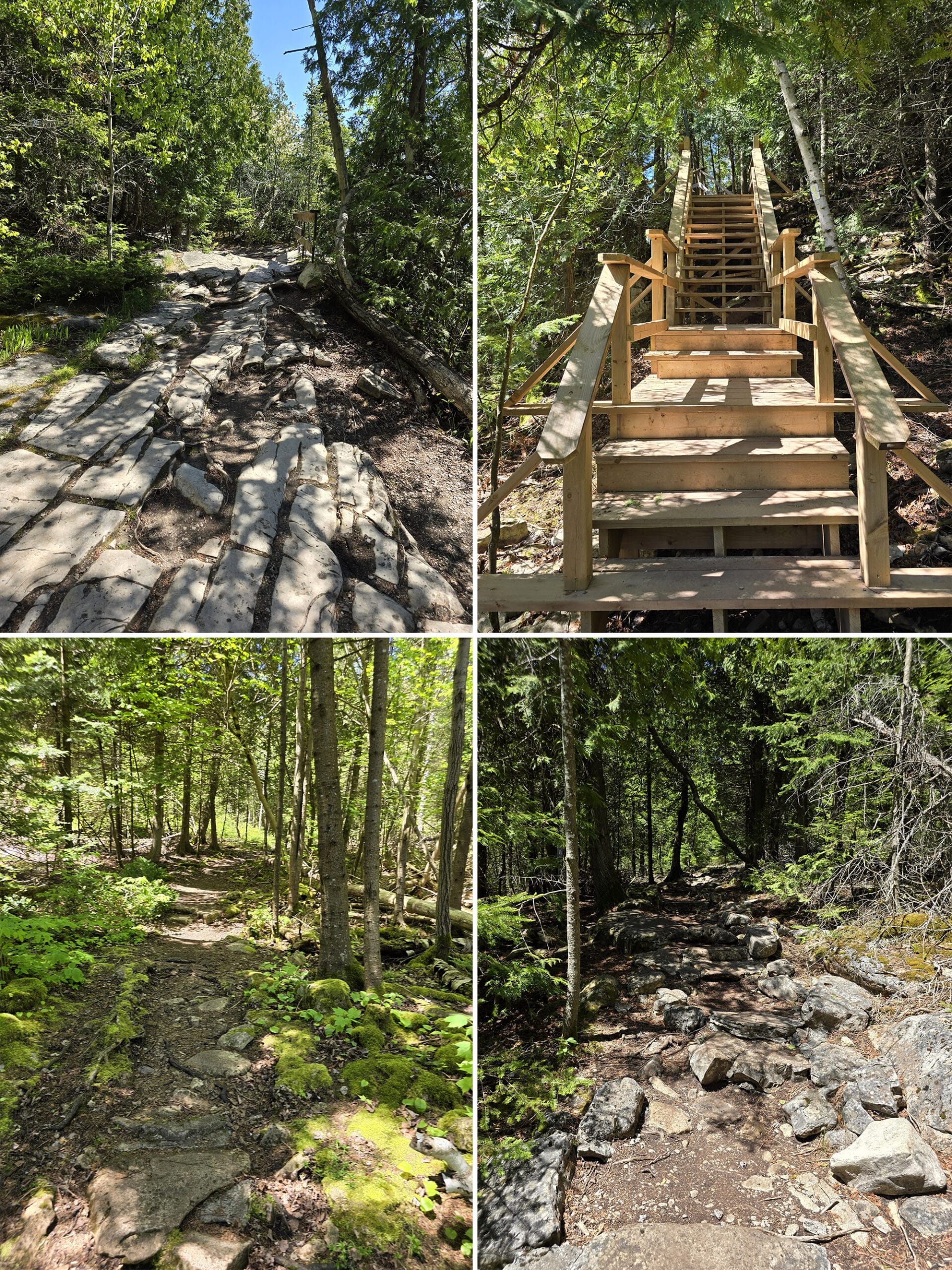 4 part image showing sections of the loop trail with stairs, big rocks, etc.