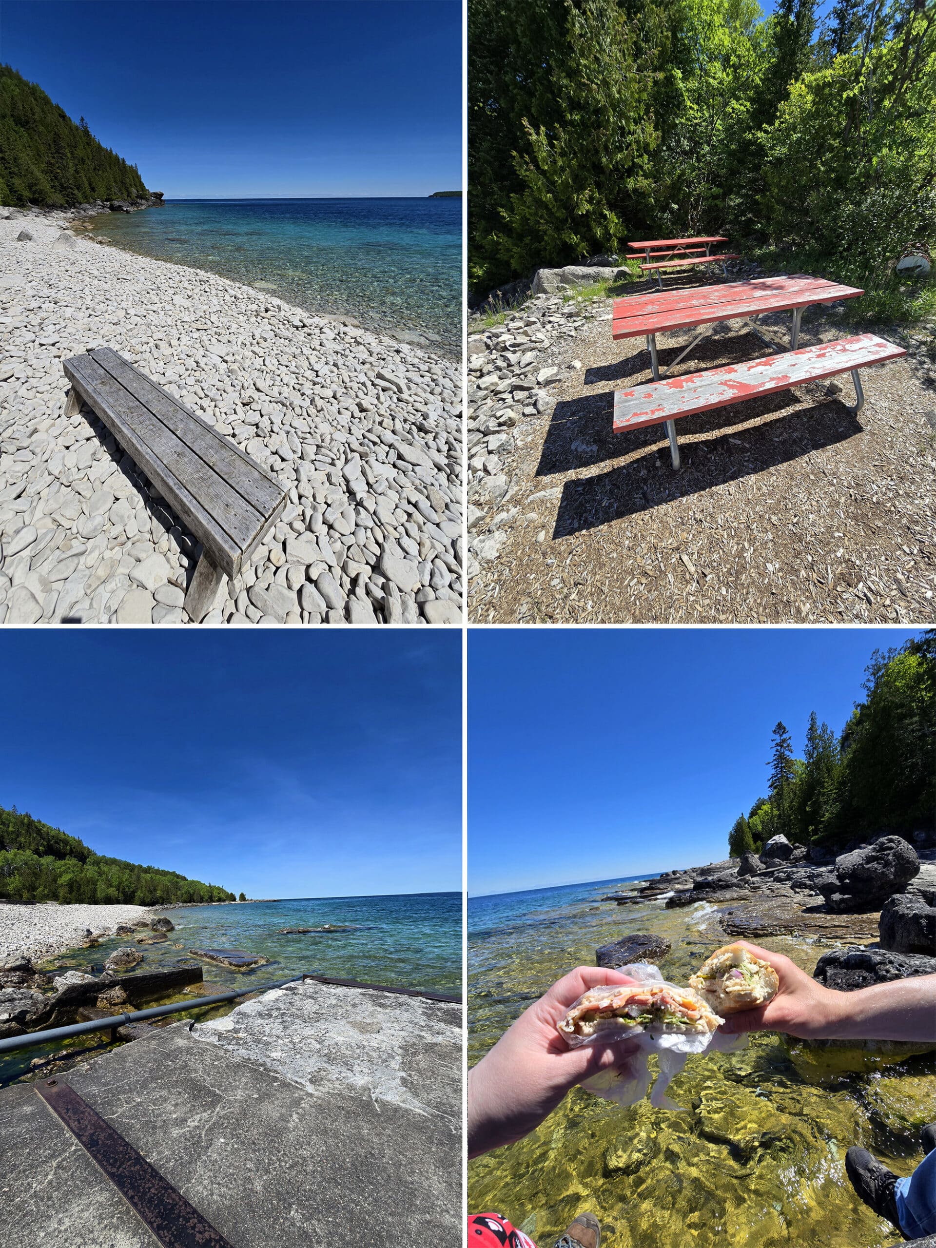 4 part image showing various picnic spots on Flowerpot Island.
