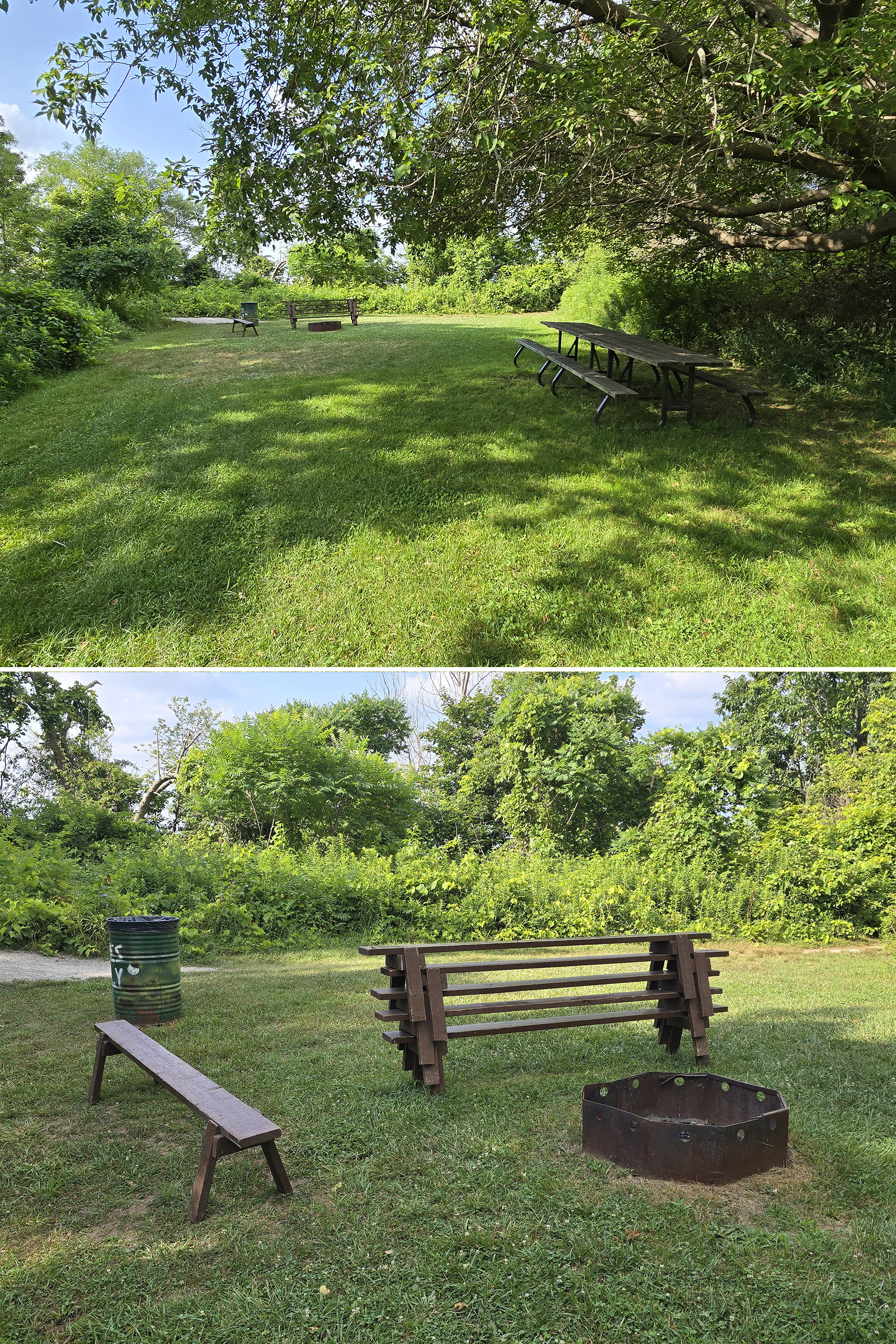 2 part image showing a campfire circle at Rock Point Provincial Park.