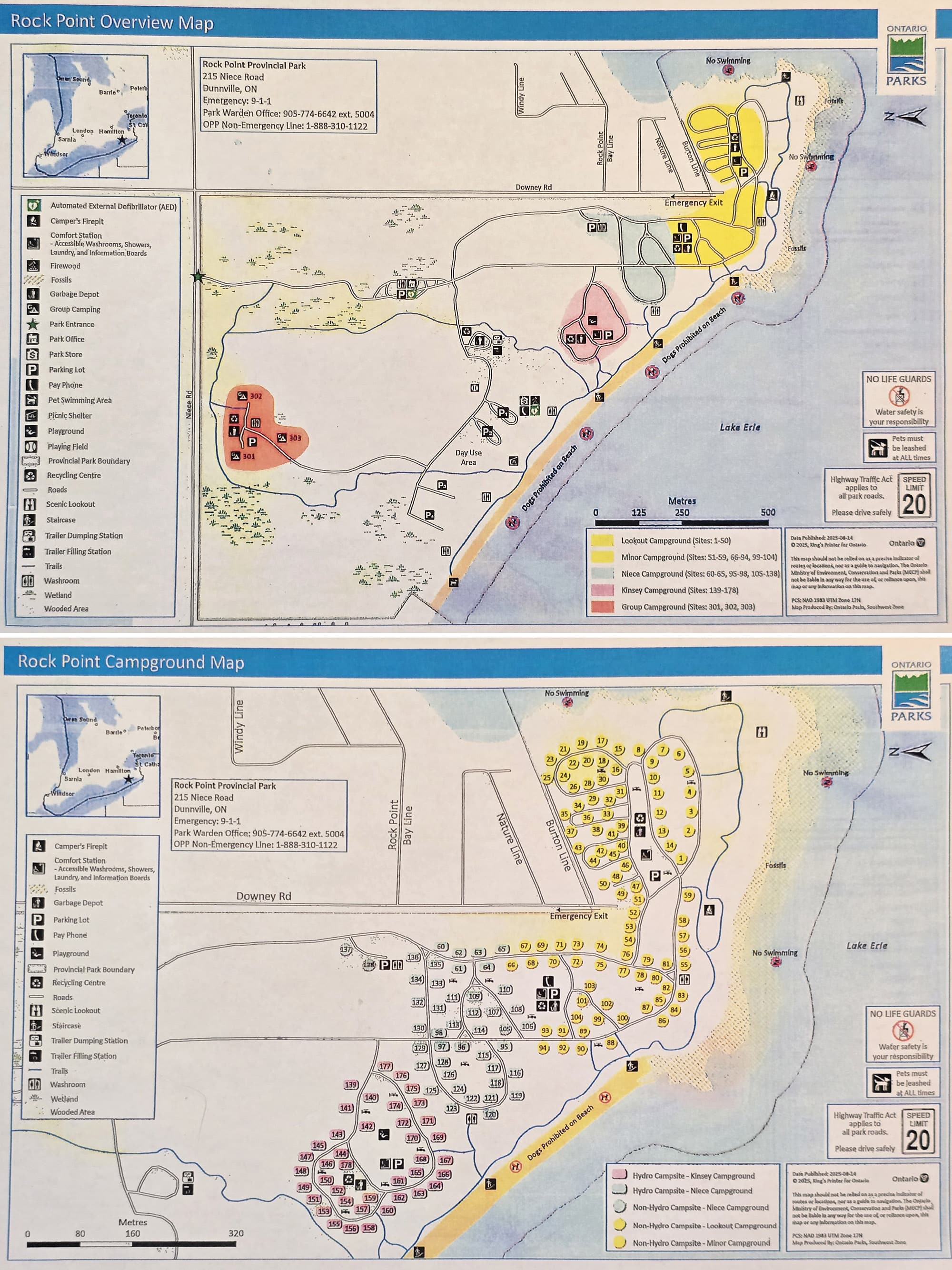 2 part image showing the Rock Point Provincial Park maps.