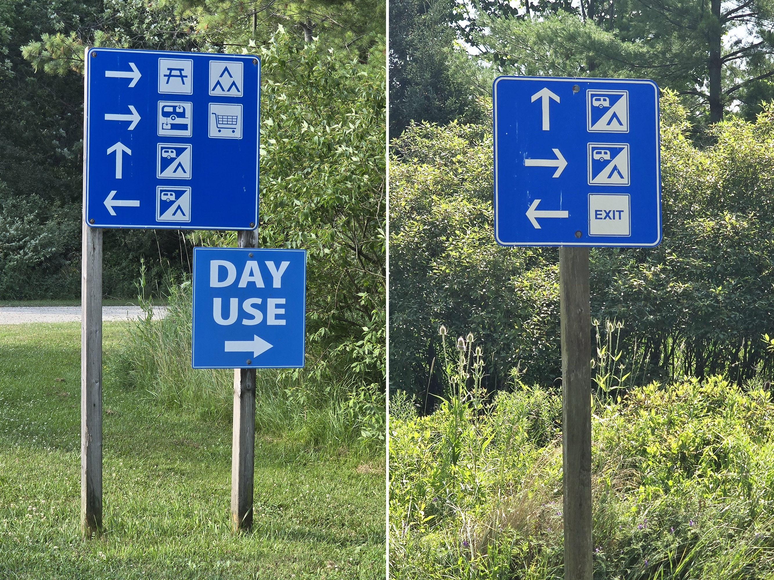 2 part image showing directional road signage at Rock Point Provincial Park.