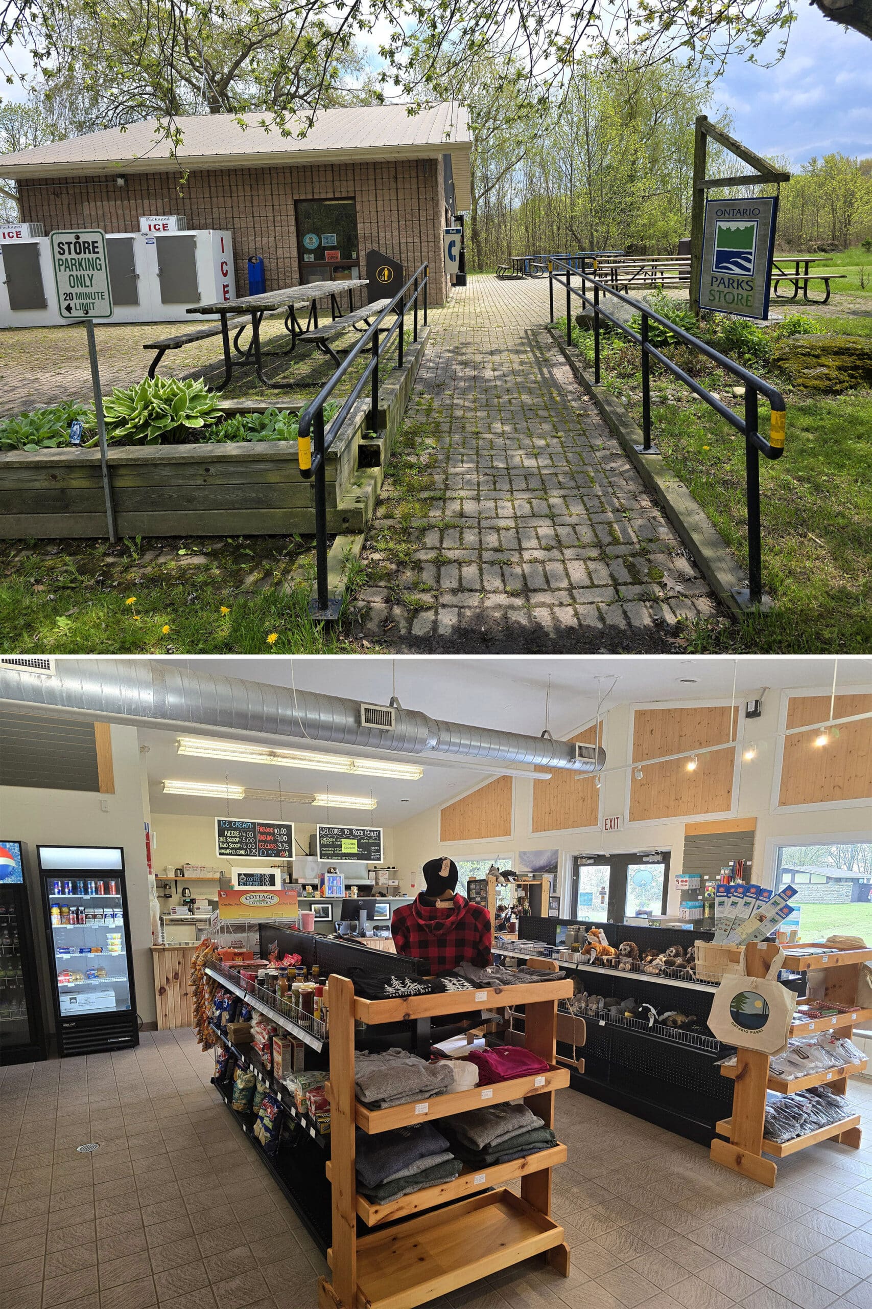 2 part image showing the interior and exterior of the Rock Point Park store.