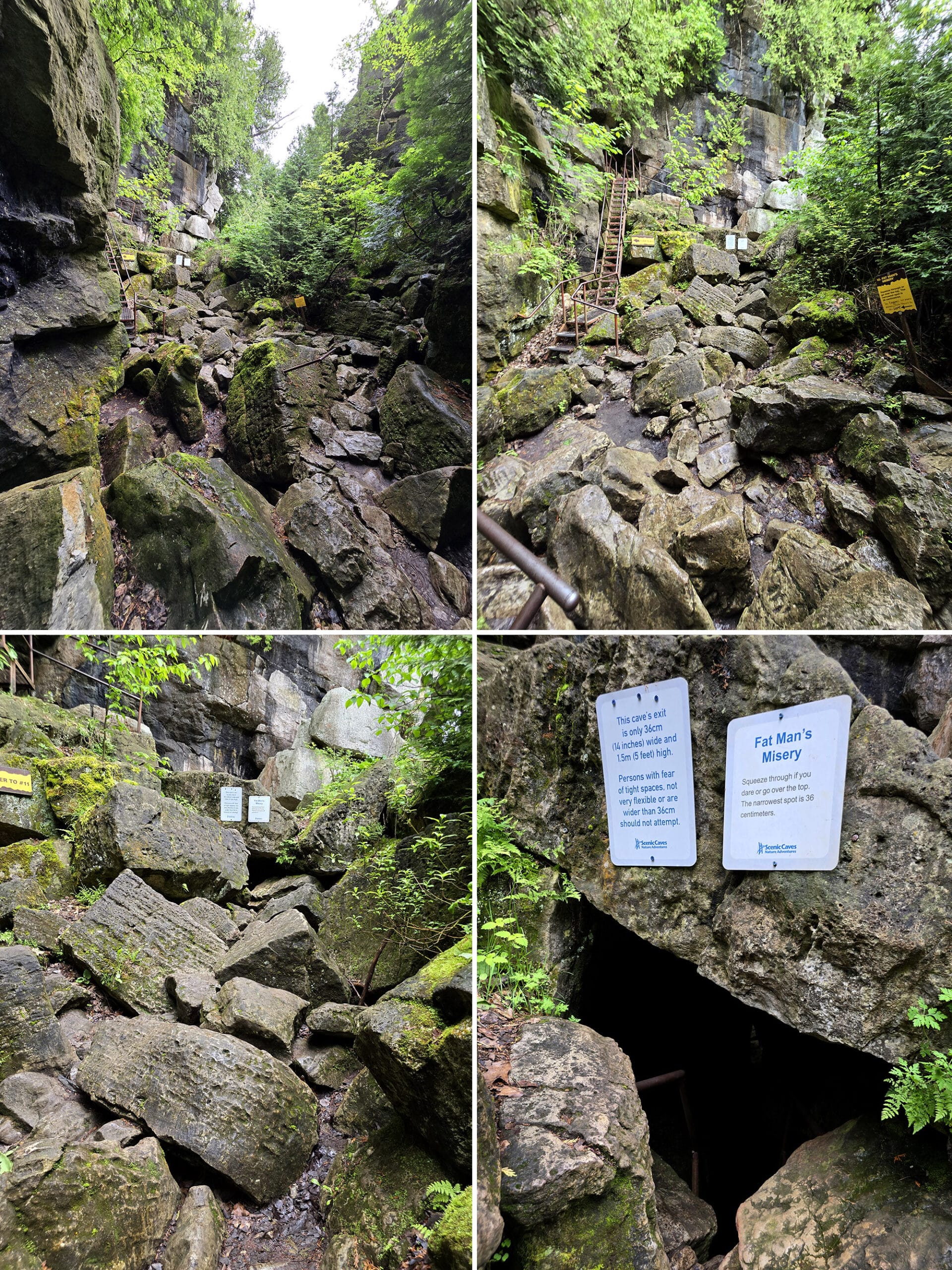 A four panel image of a rocky path toward Fat Man’s Misery cave. The cave entrance is very small.