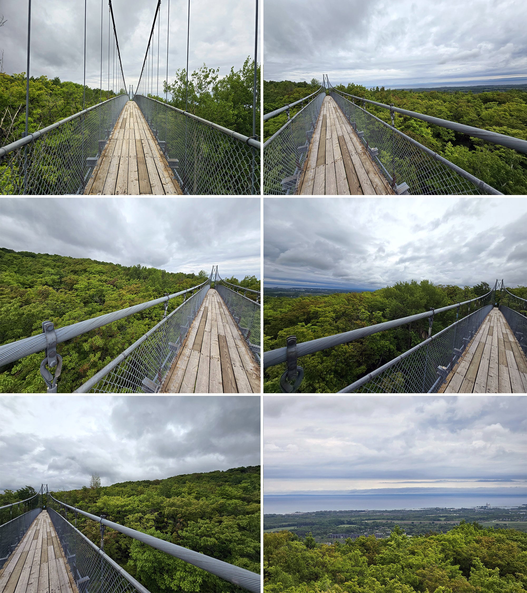 A six panel image of the view from the middle of a suspension bridge. Top row, left: looking straight across. Top row, right: looking somewhat to the right. Middle row, left: looking somewhat to the left. Middle row, right: looking to the left. Bottom row, left: looking to the right. Bottom row, right: looking at the distance to the right, viewing Georgian Bay.