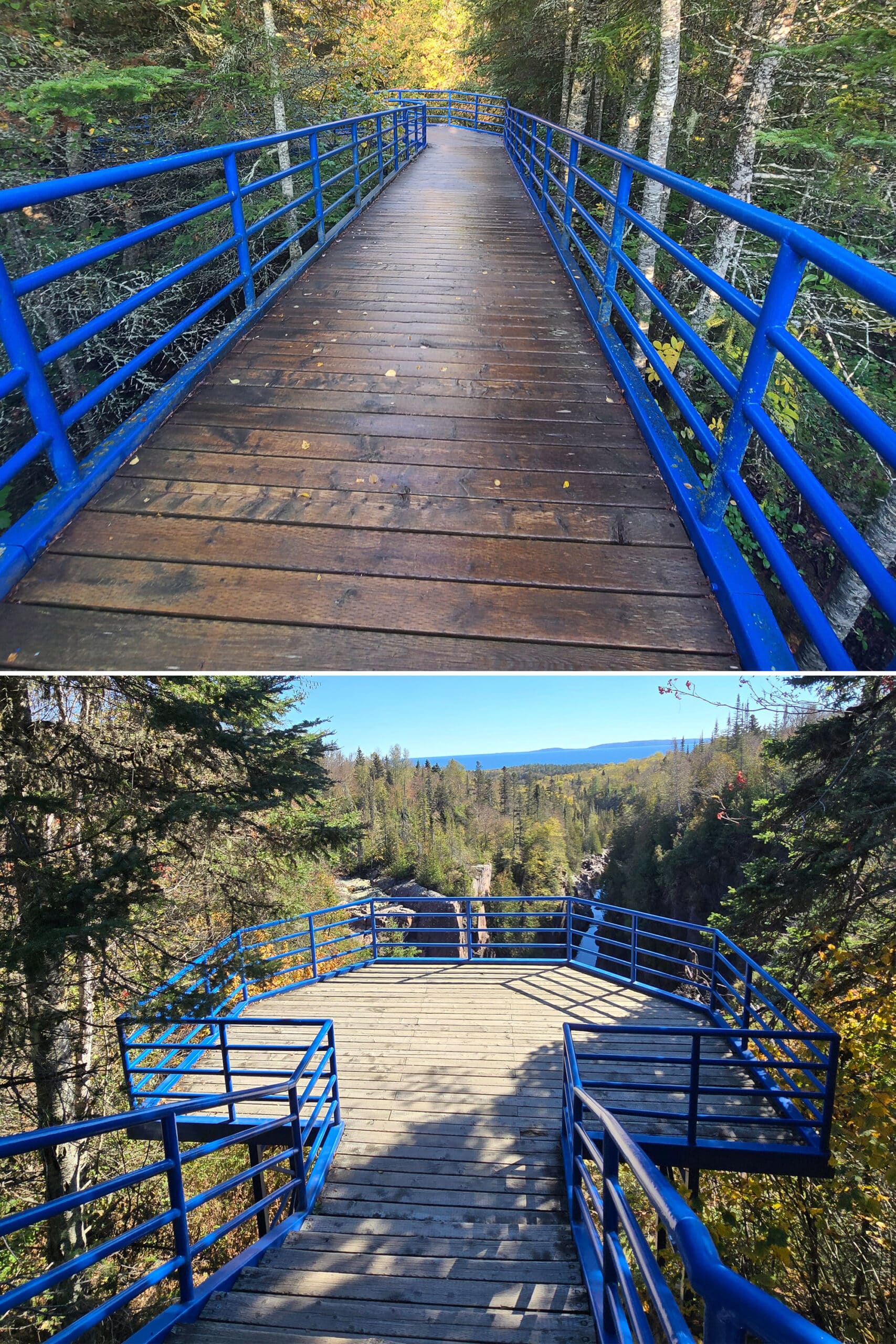 2 part image showing a wet wooden boardwalk, and the platform with stairs.