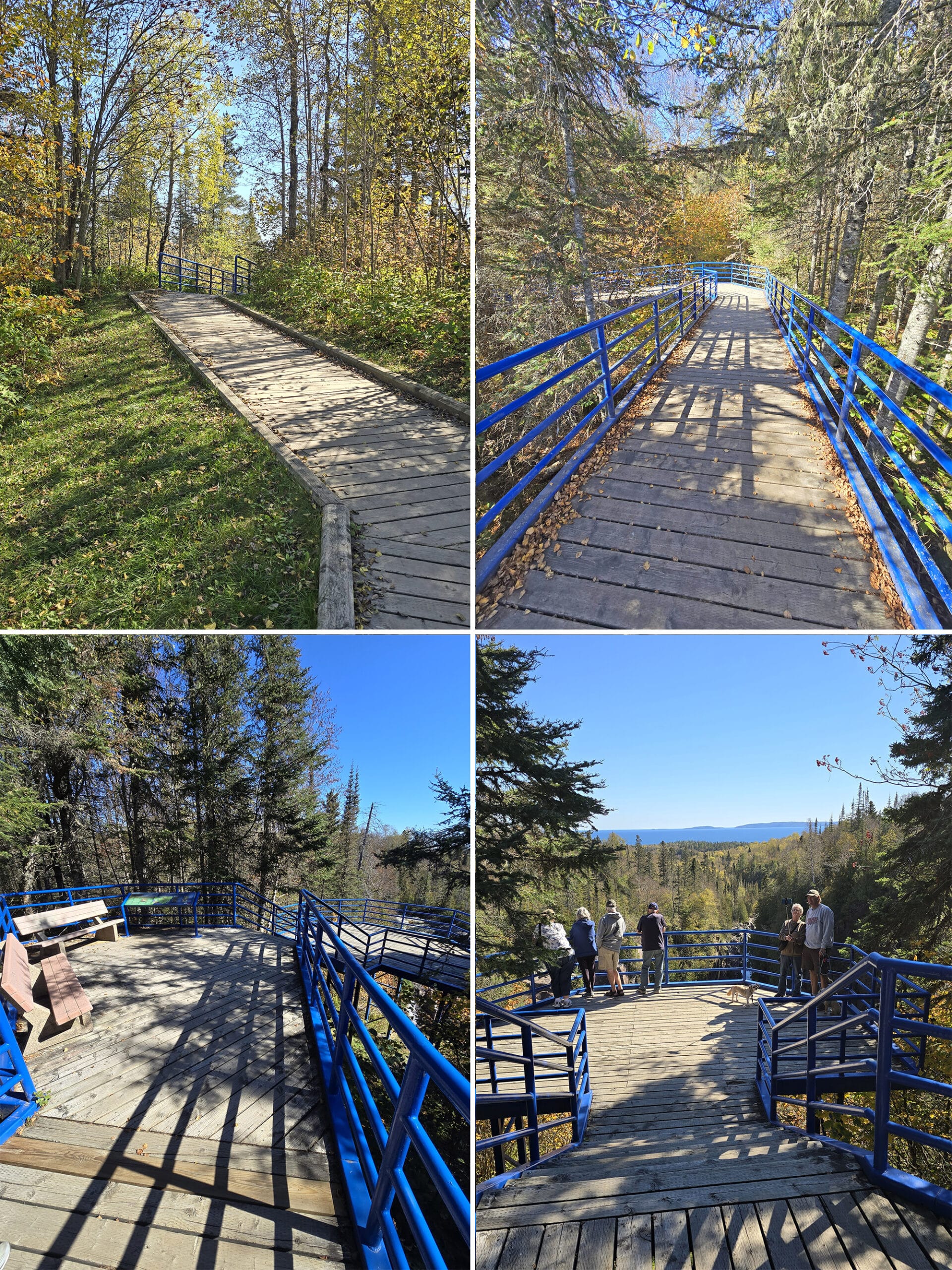 4 part image showing a wooden boardwalk with blue metal railings.