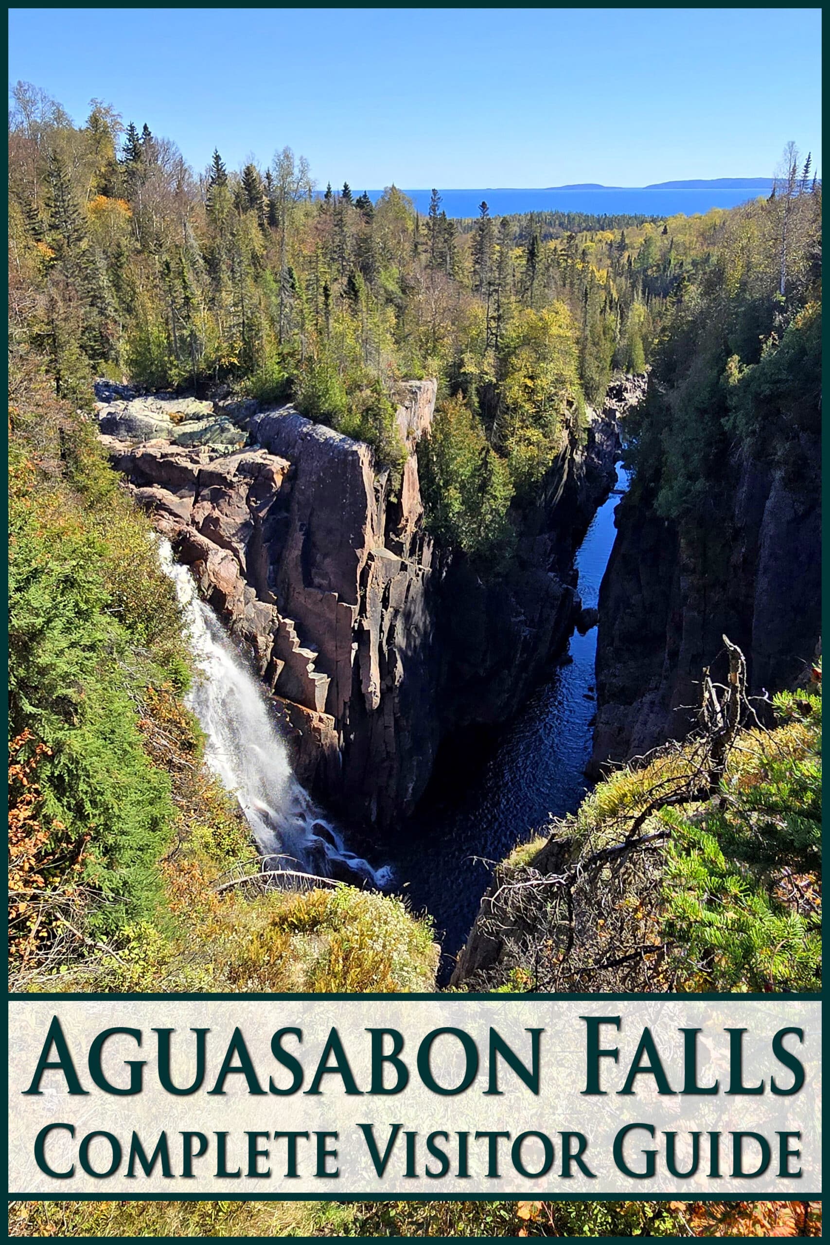 A tall waterfall and river flowing down a gorge. Overlaid text says aguasabon falls complete visitor guide.