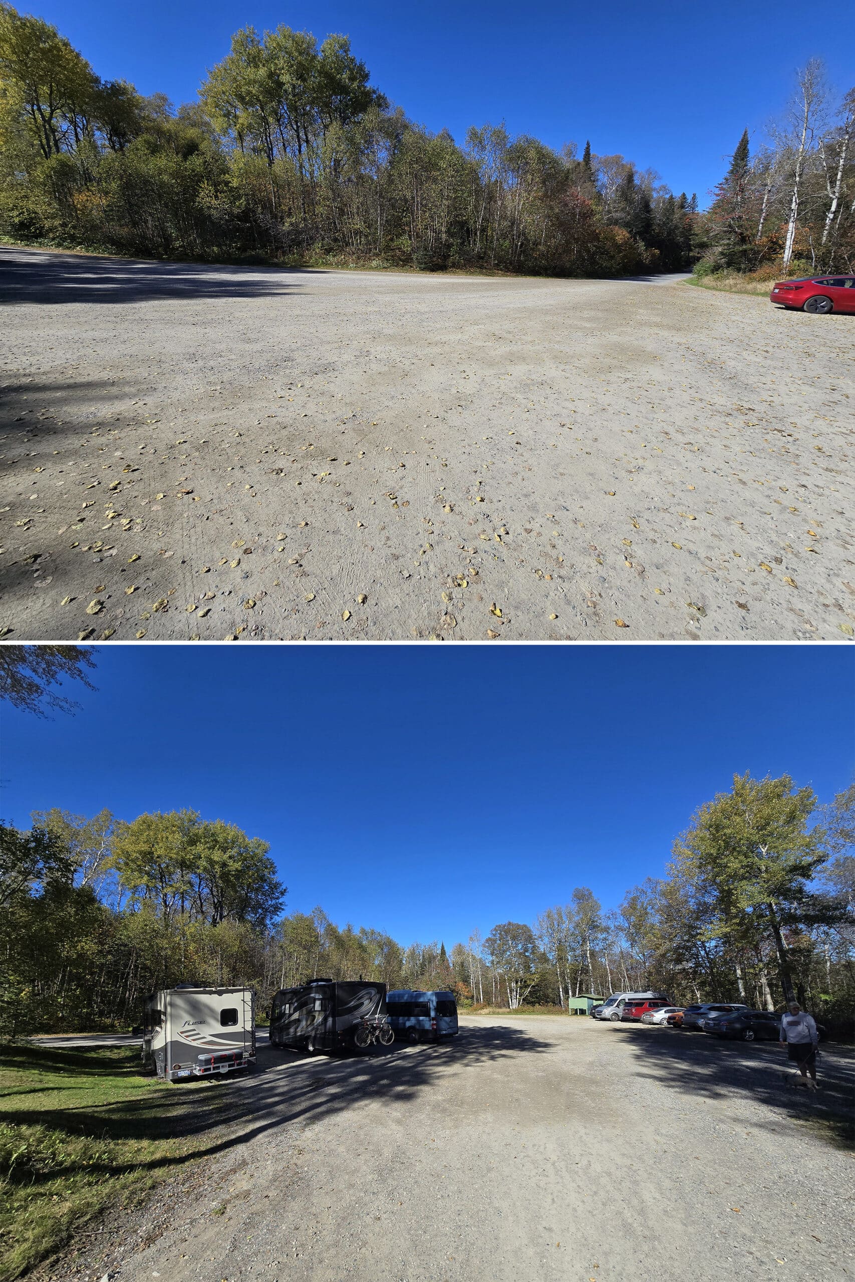 2 part image showing a large, wide open parking lot at aguasabon falls and gorge.