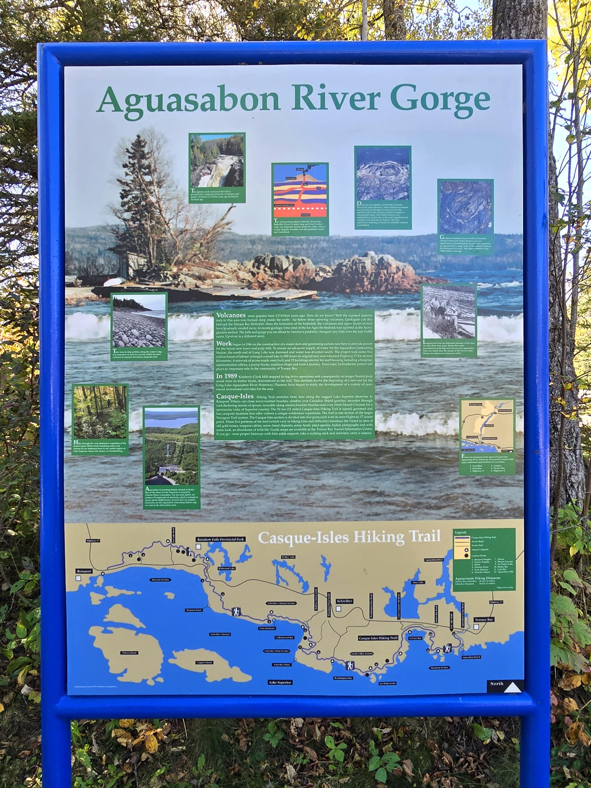 A sign with all kinds of information about the aguasabon river gorge.