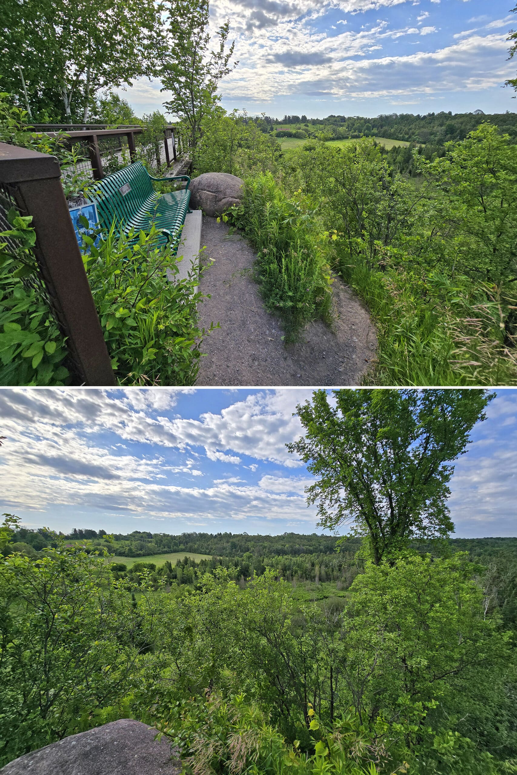 2 part image showing a bench seat overlooking the valley.