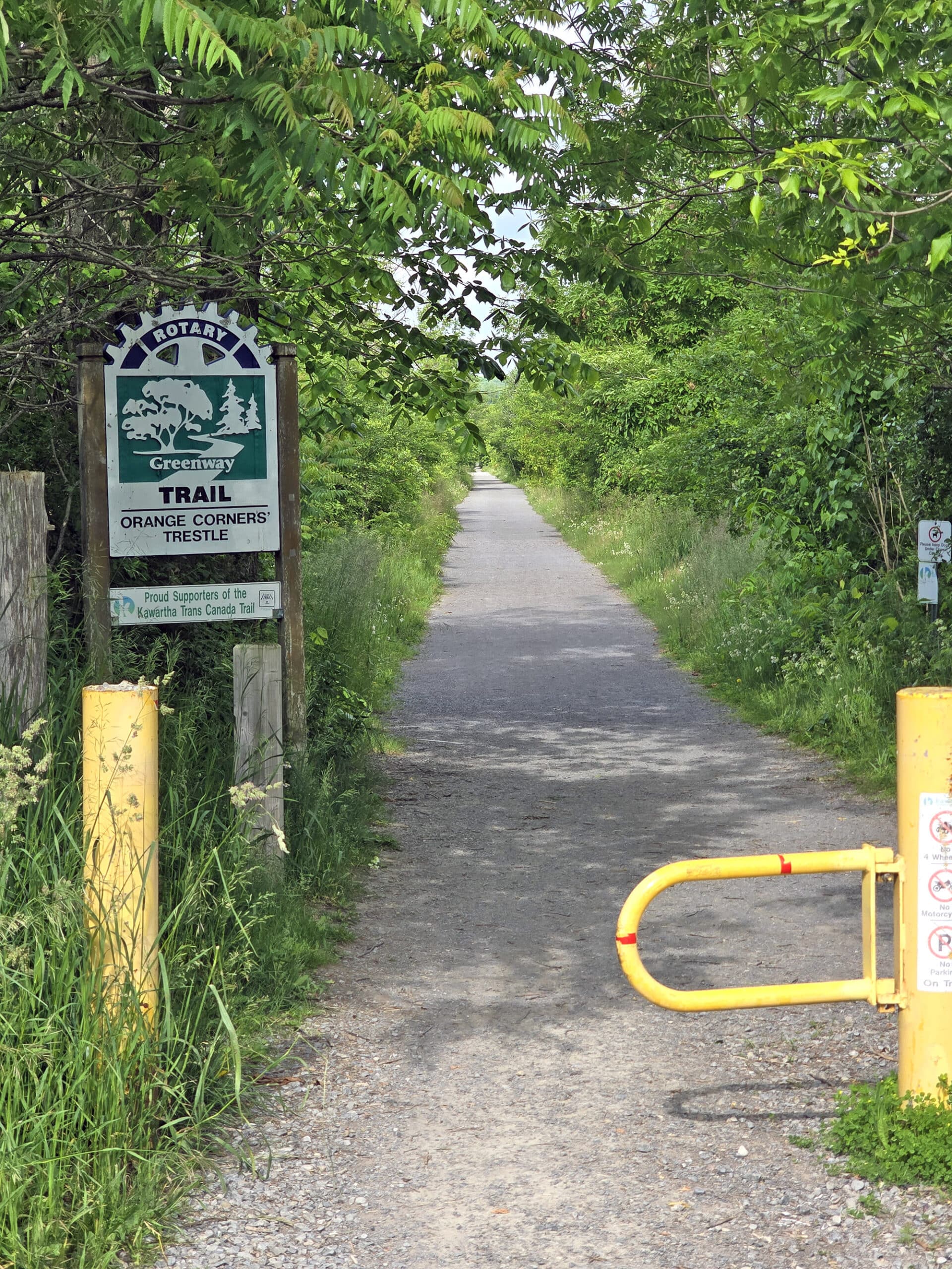 A trail extending into the distance.  In the foreground is the trail entrance, with a decorative sign.