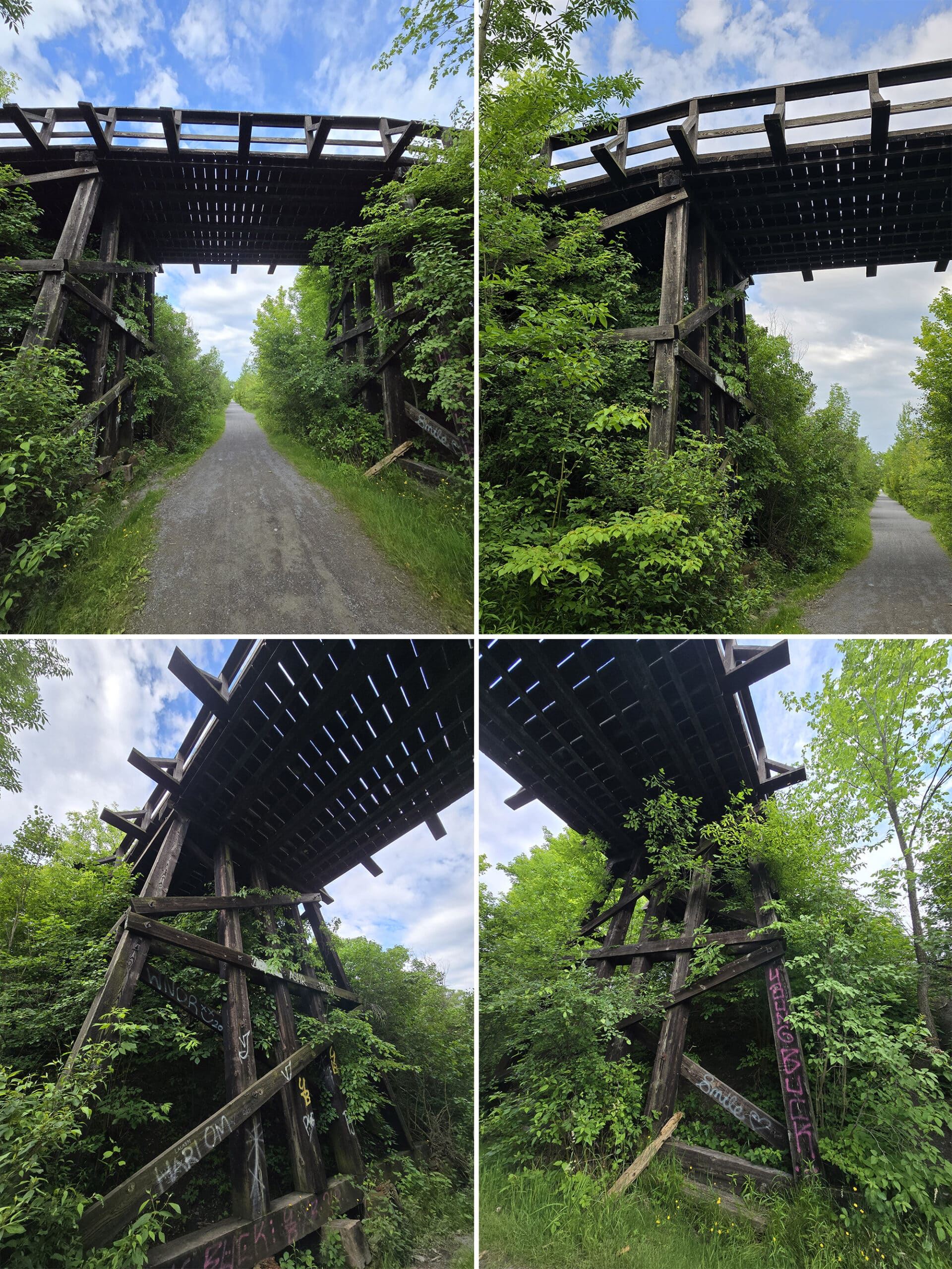 4 part image showing a small bridge crossing over the Kawartha trail.