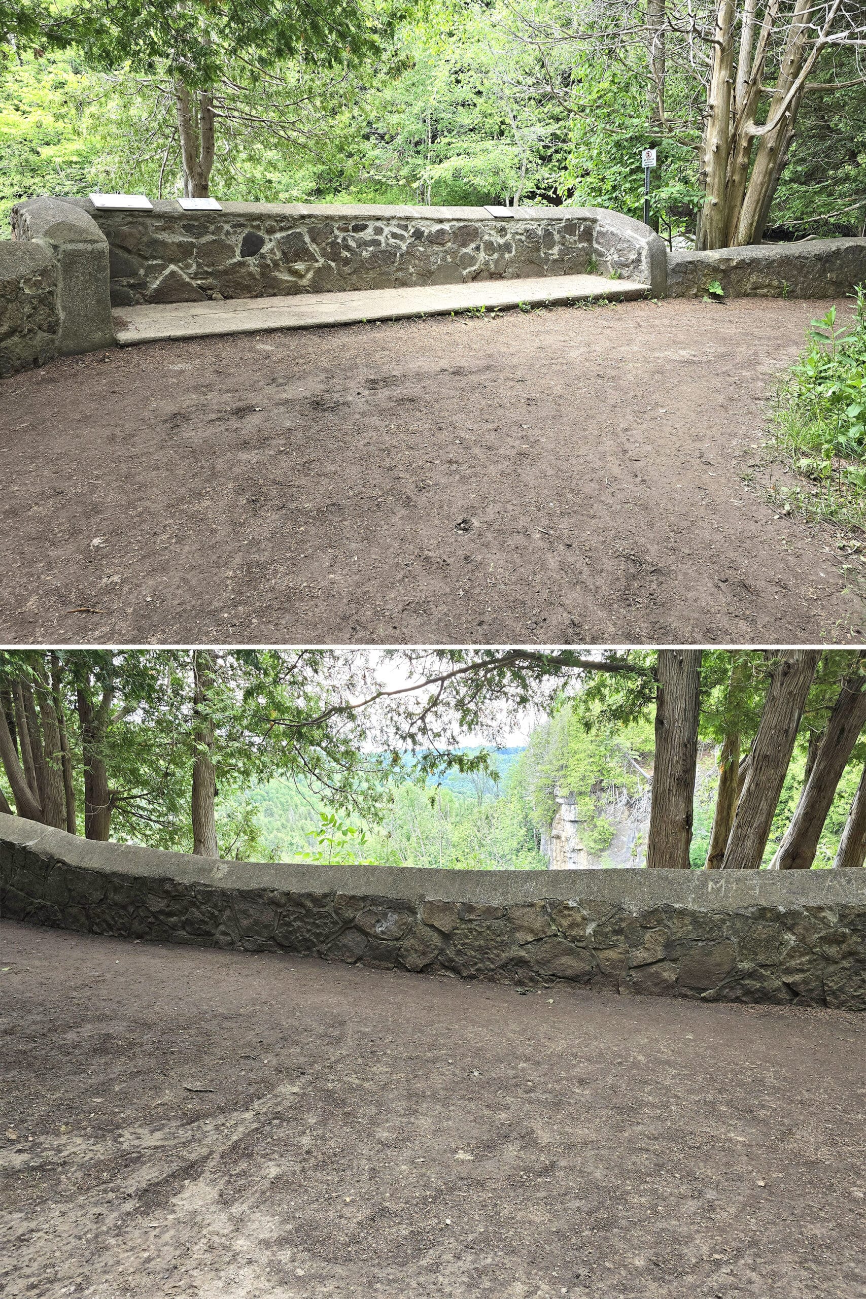 2 part image showing both viewing areas at the first platform, with a rock wall separating the viewers from the waterfall.