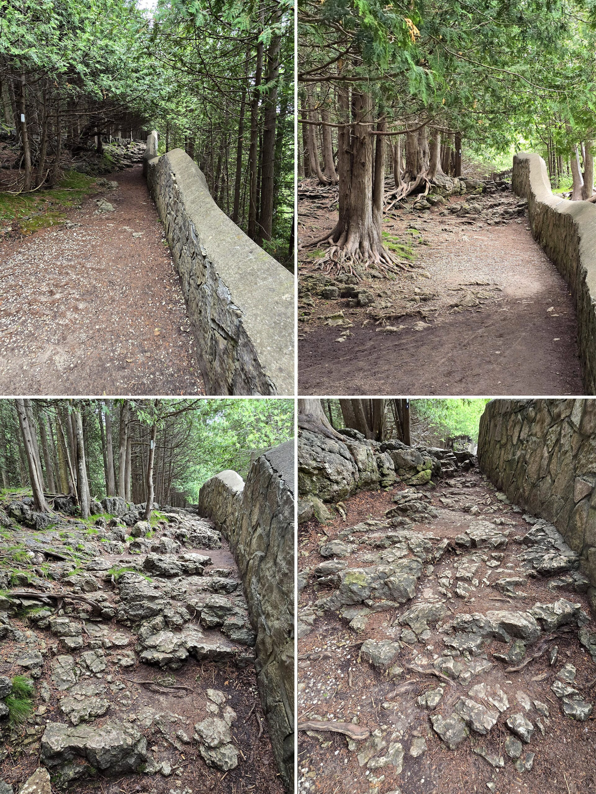 4 part image showing a rough, rocky trail with a rock wall alongside it.