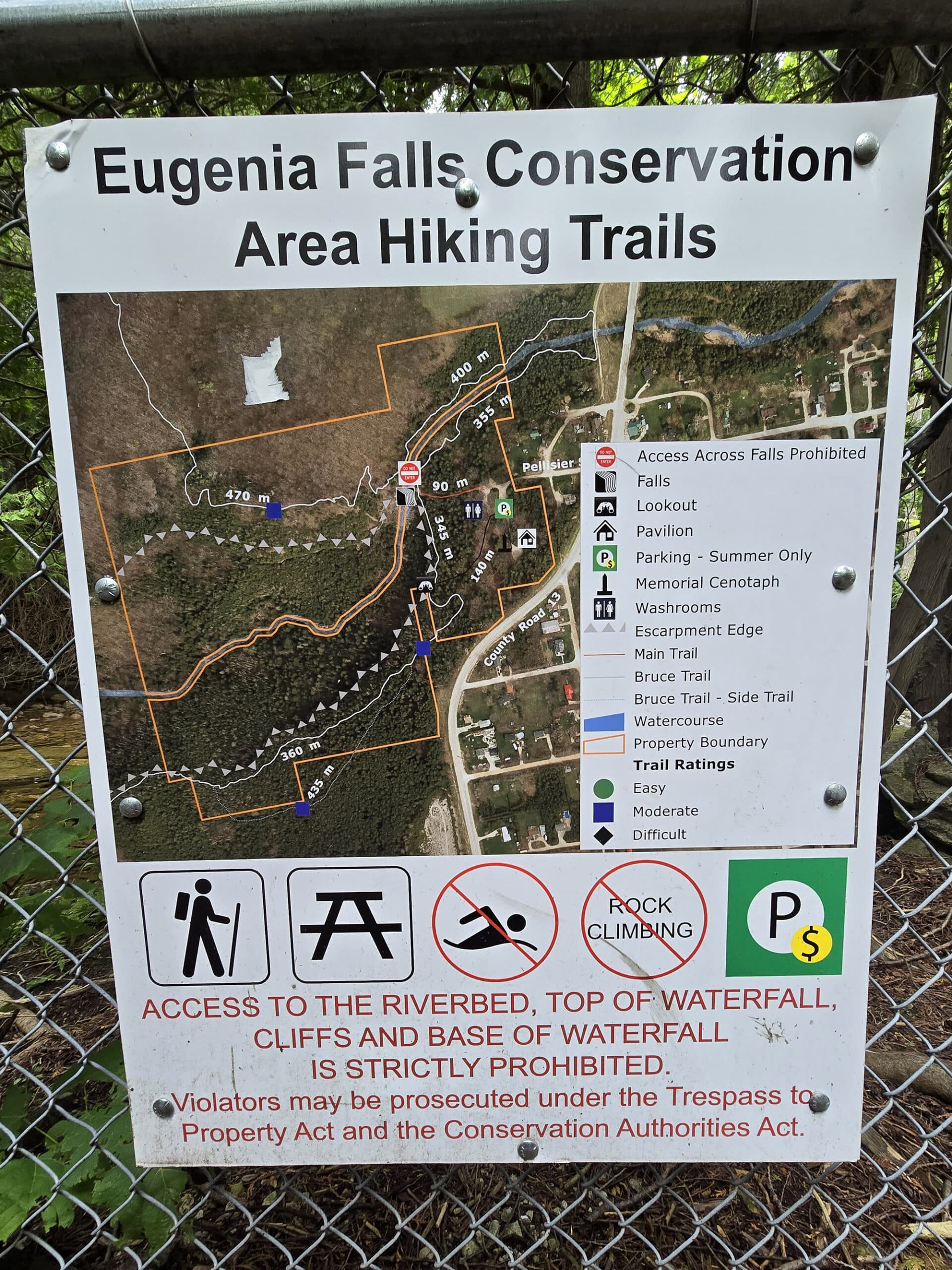 A large park map for eugenia falls conservation area, with trail info.