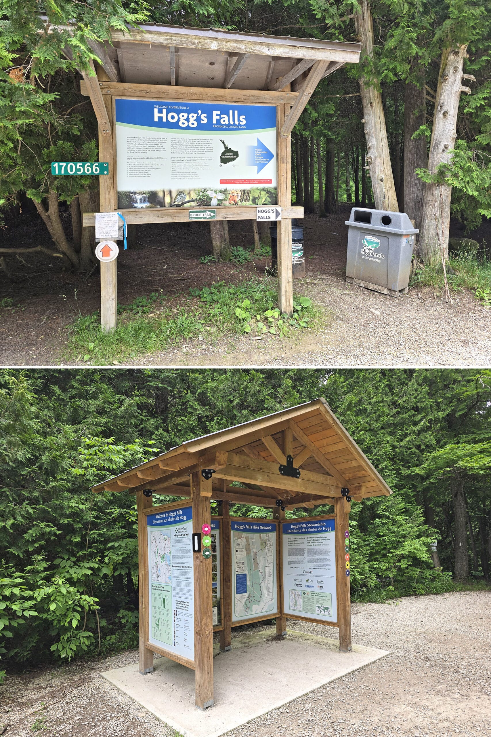 2 part image showing the two main signs in the Hogg’s Falls Parking lot.