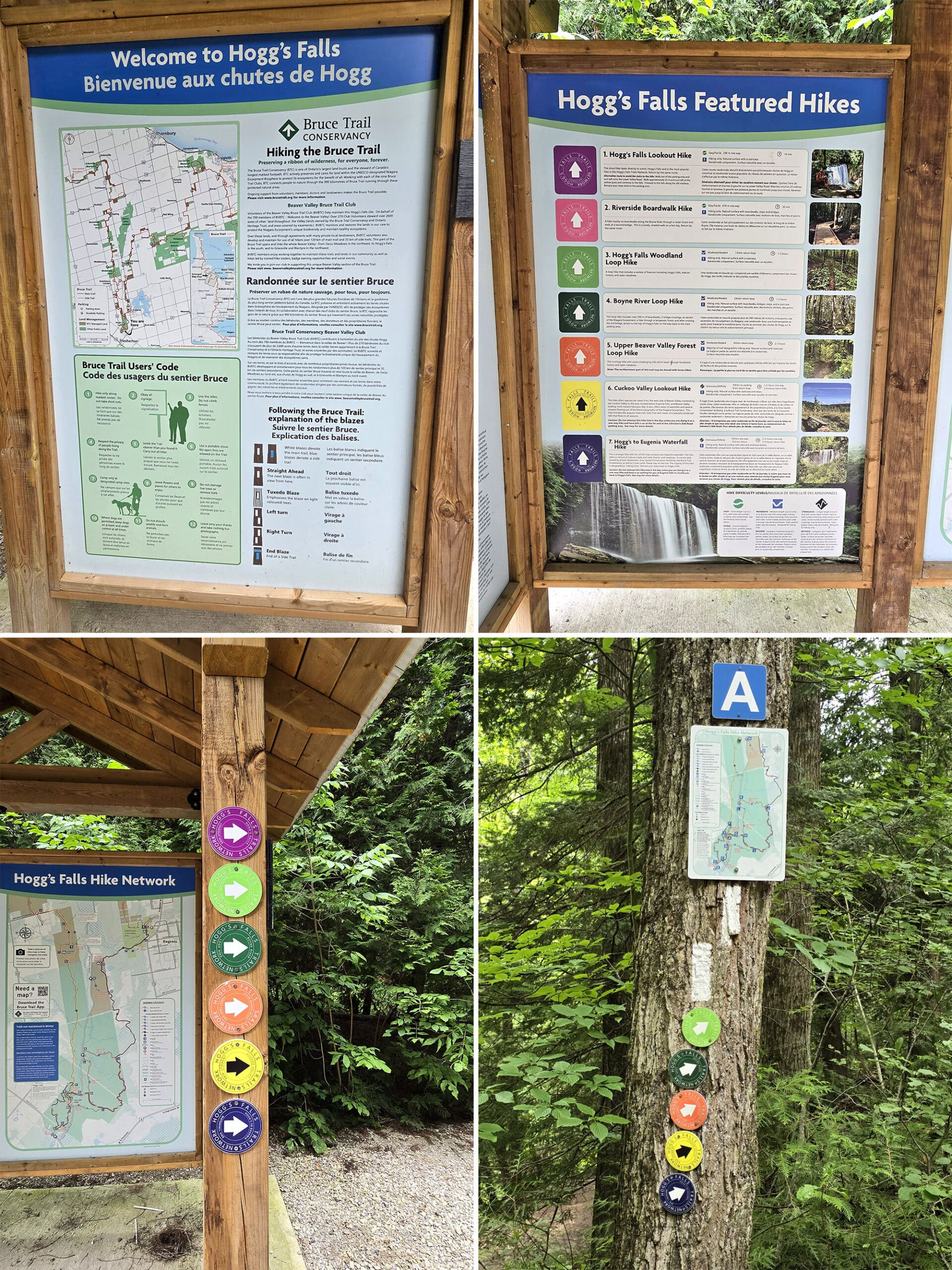 4 part image showing various maps and trail signage at Hogg’s Falls.