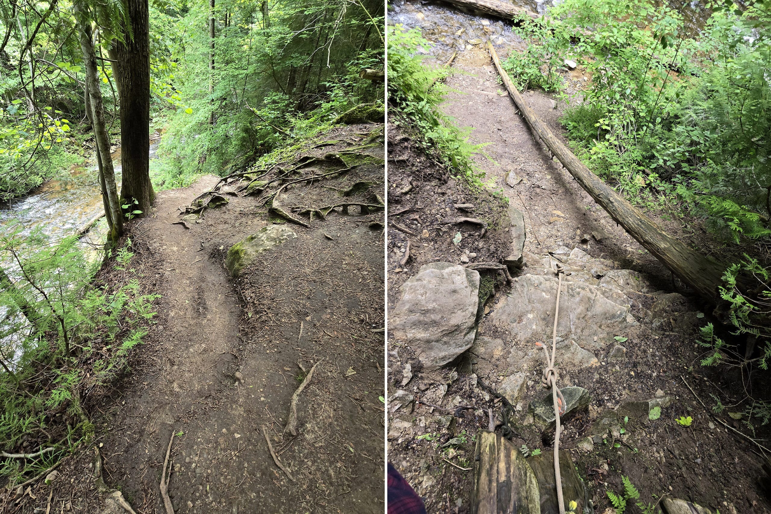 2 part image showing a narrow, steep trail and a rope over the side of a cliff.