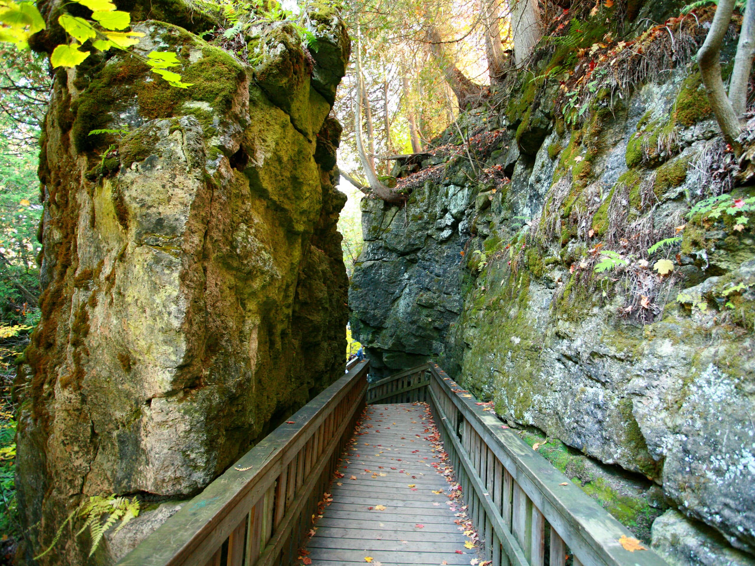 A boardwalk leading between two cliffs.