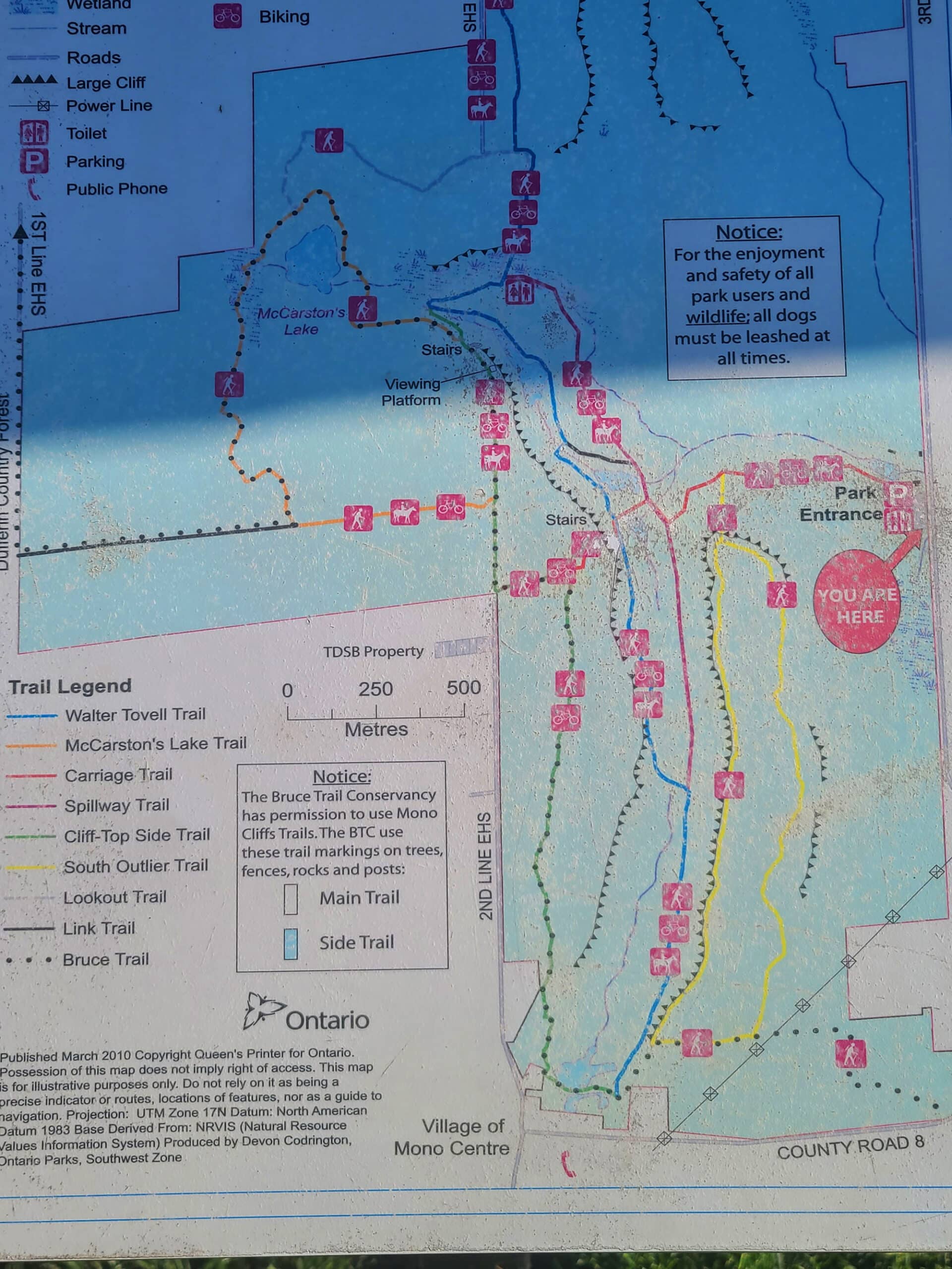 A photo of the mono cliffs provincial park trail map.