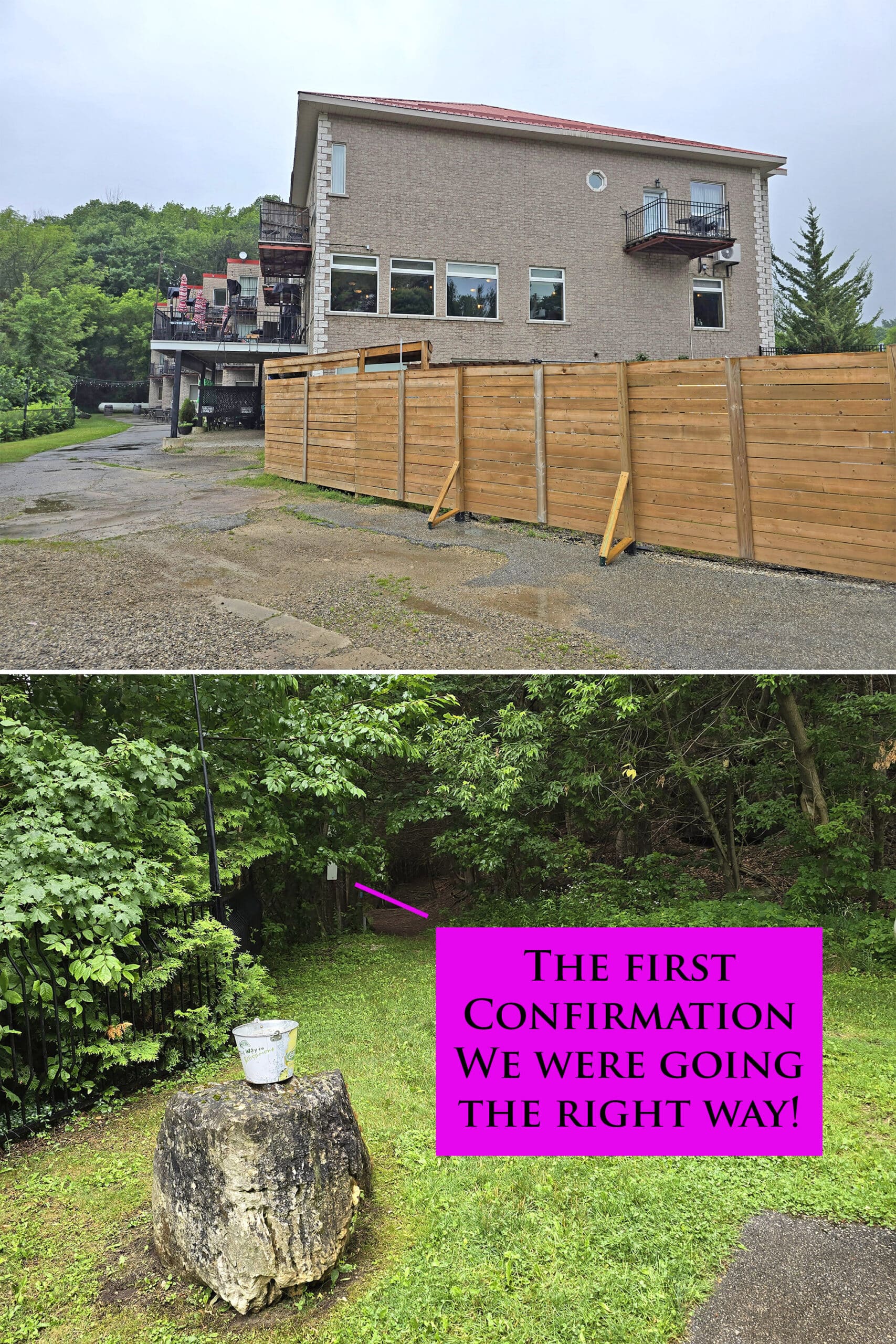 2 part image showing the back of a hotel, and a small grassy area with a hidden trail and small sign way in the background.