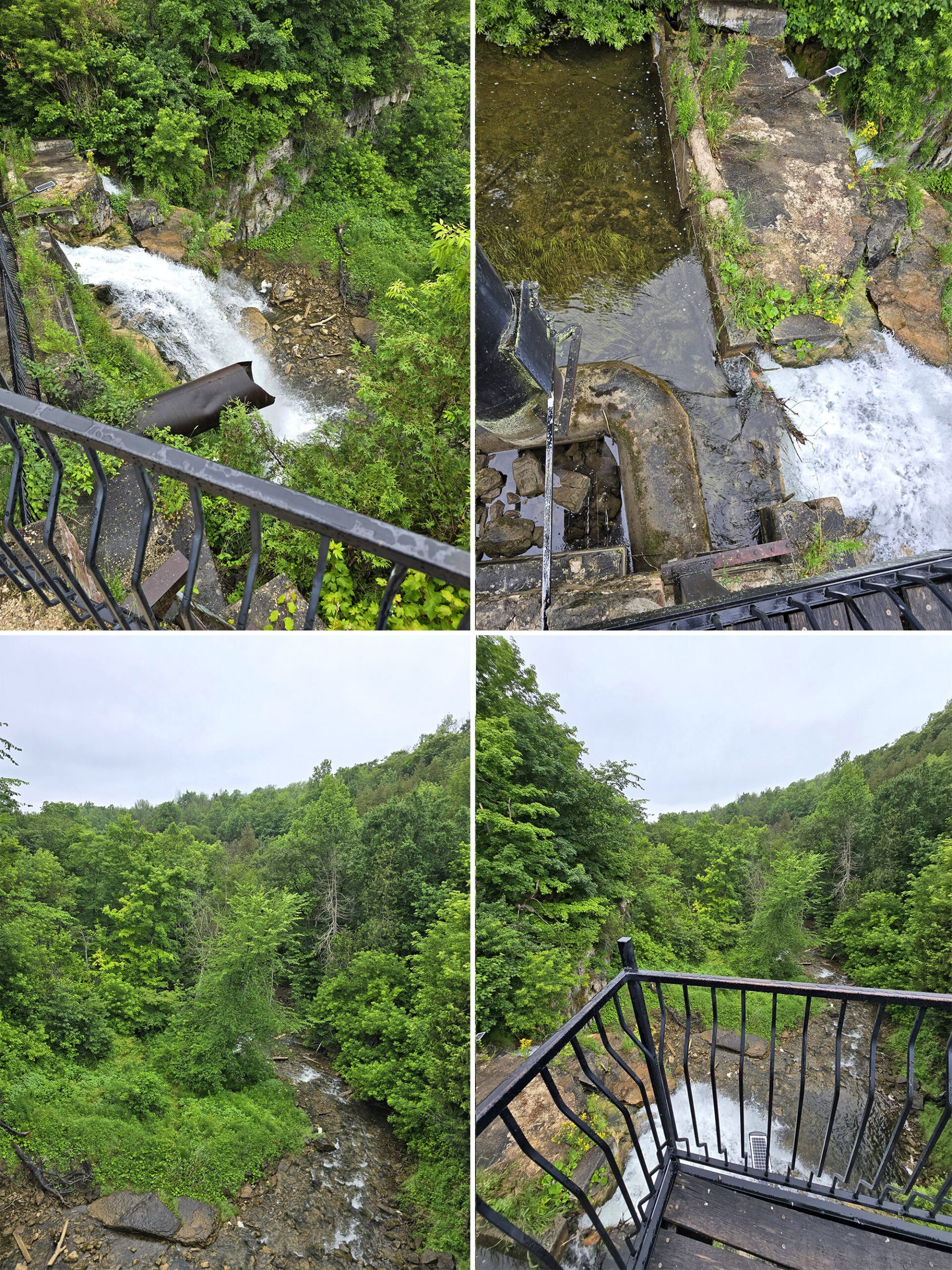 4 part image showing various views of Walter’s falls, from above on the viewing platform.