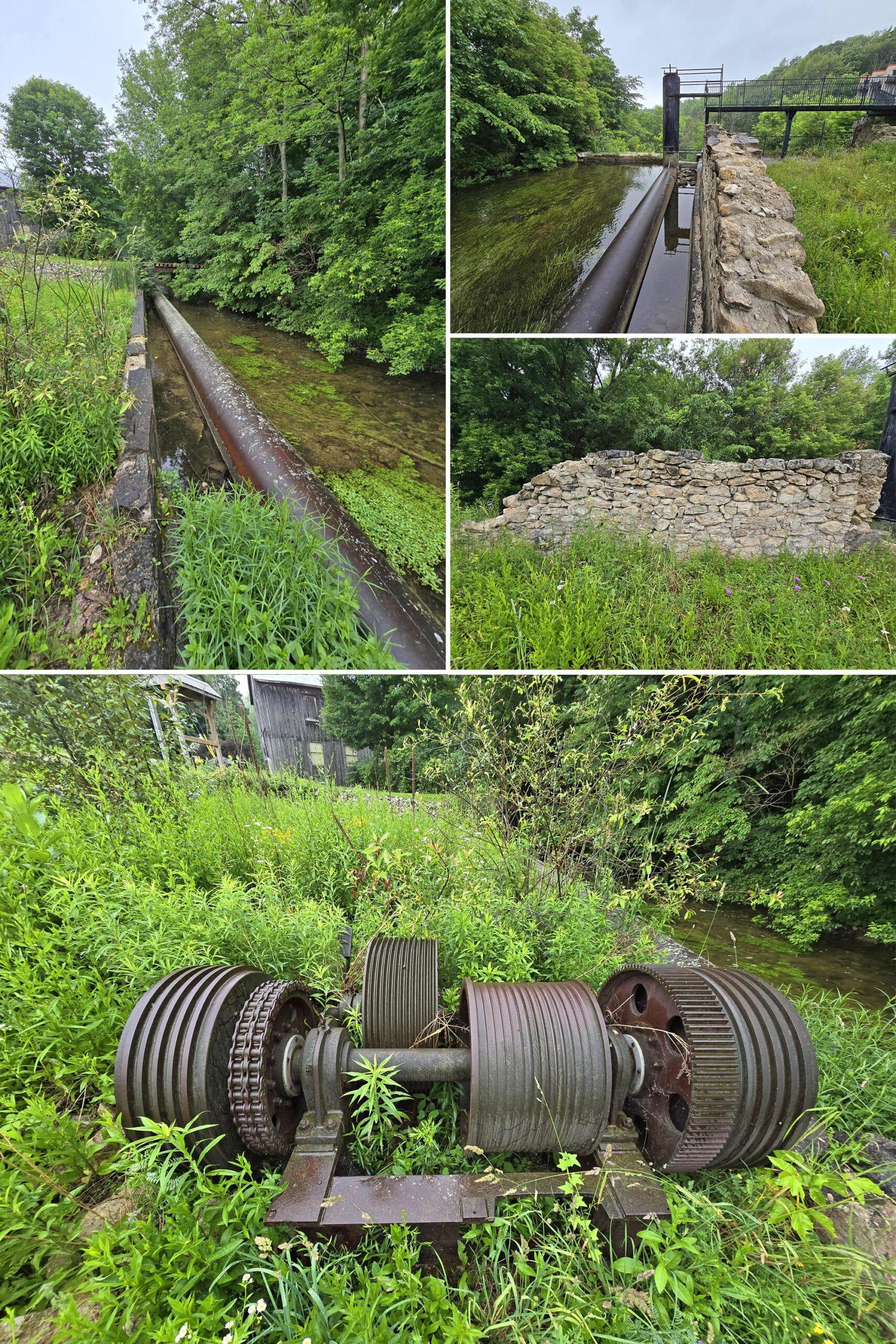 4 part image showing the remnants of what was a sawmill.