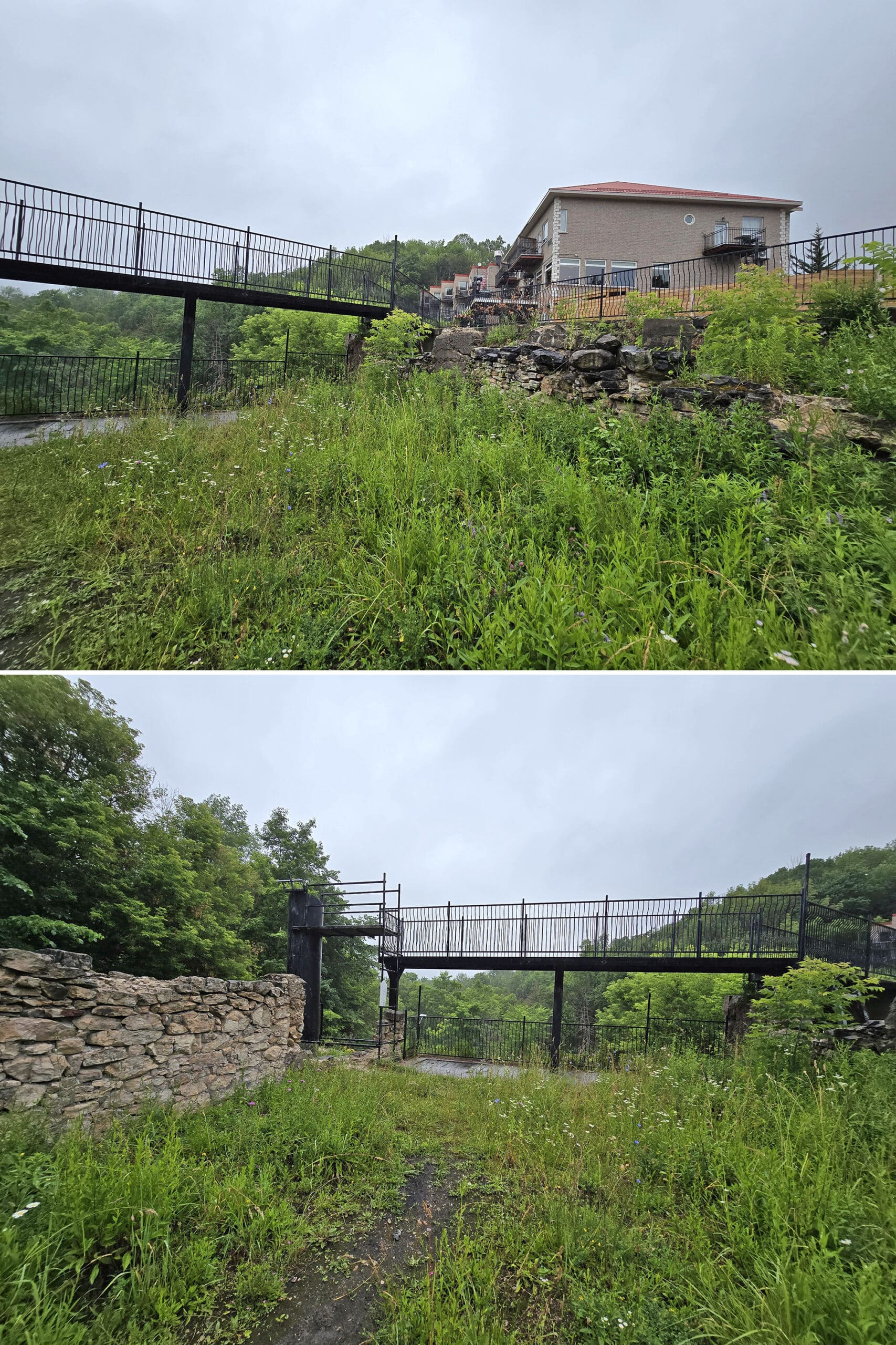 2 part image showing a metal catwalks and platform over Walter’s Falls, from a distance.