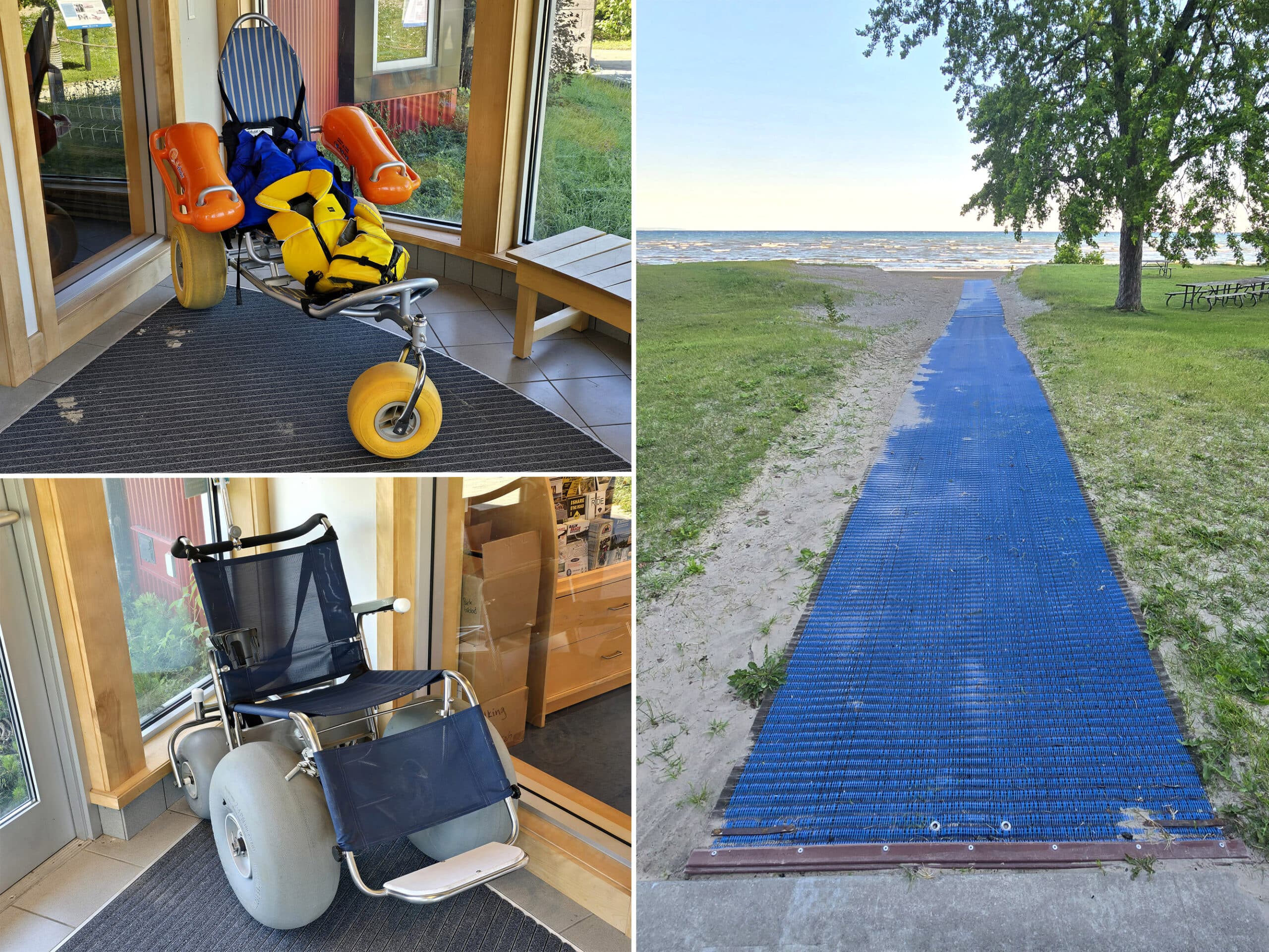 3 part image showing 2 different all terrain wheelchairs and a blue mobi mat extending onto wasaga beach.