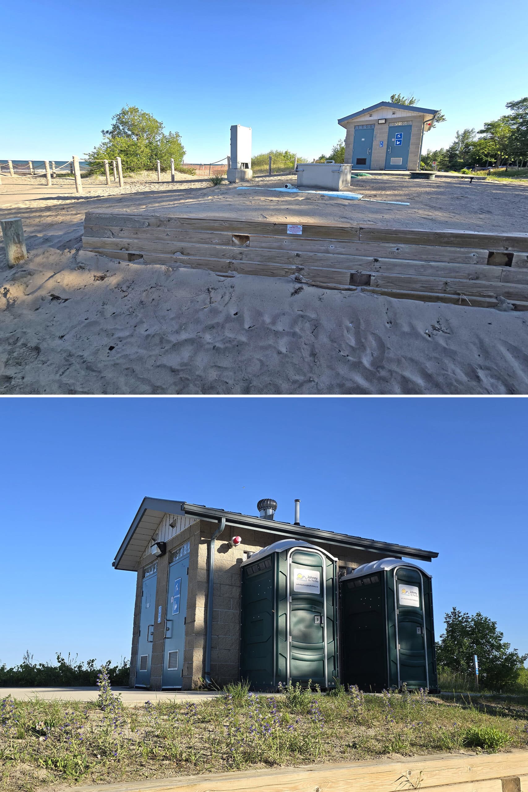 2 part image showing two different small comfort stations, one with porta potties outside.