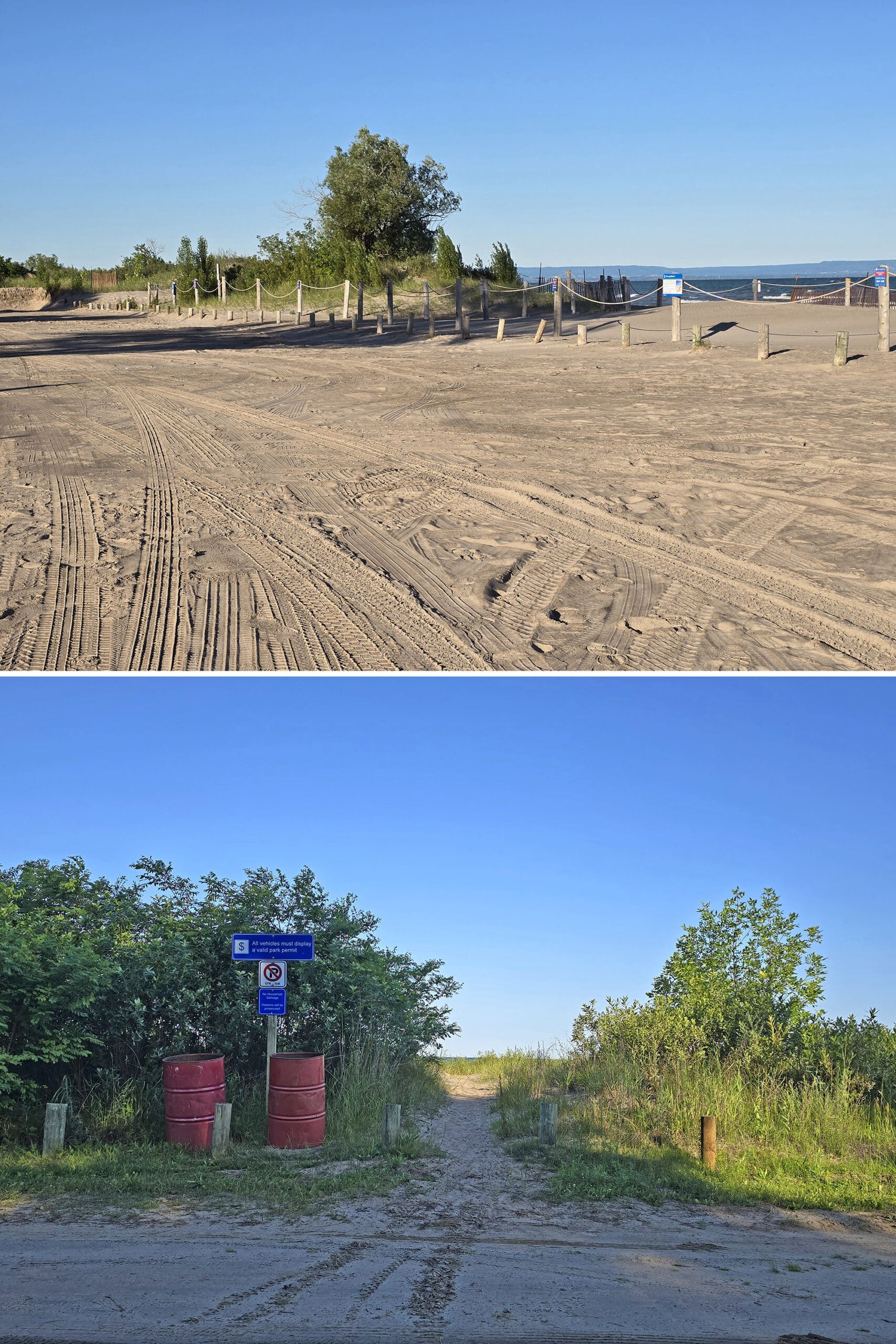 2 part image showing the allenwood beach area parking and a trail to the actual beach.