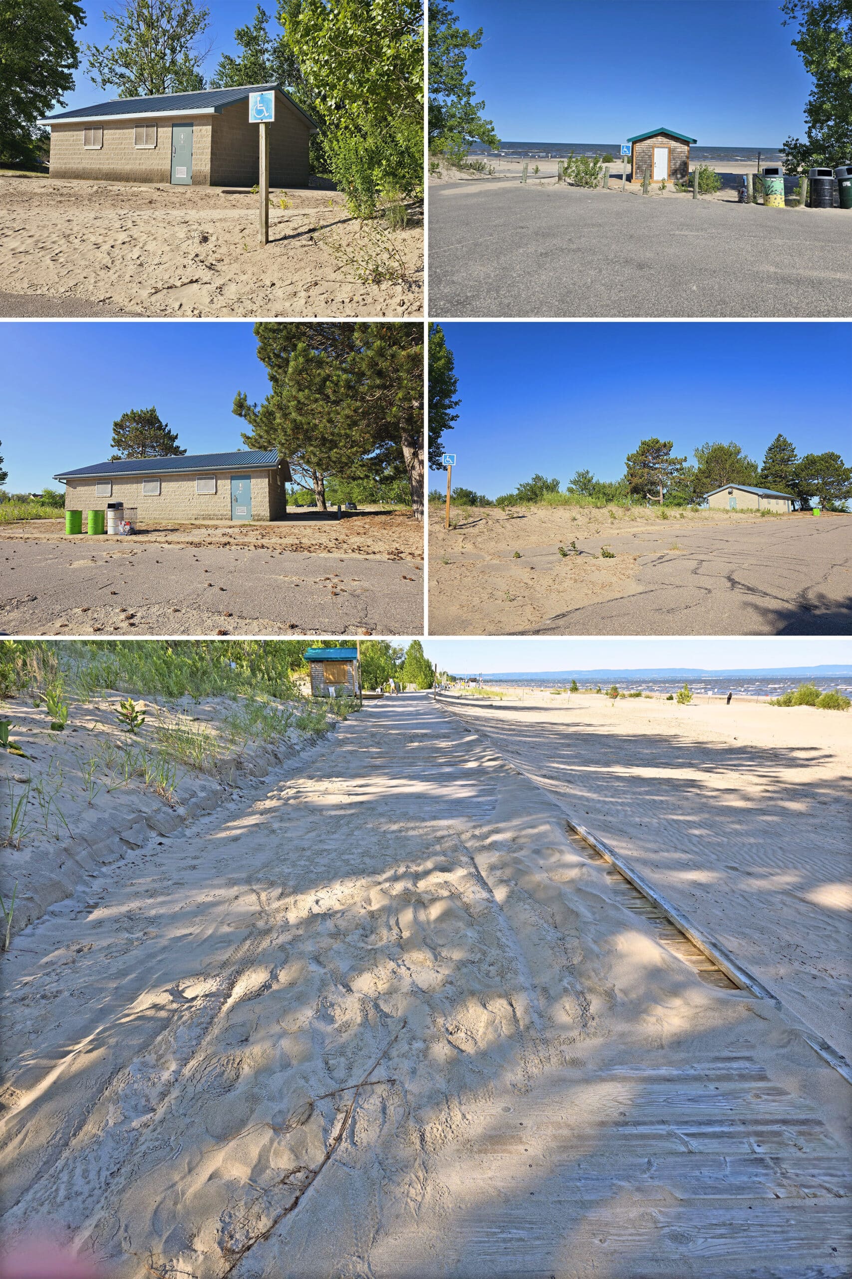 4 part image showing comfort stations and boardwalk at Beach Area 1.