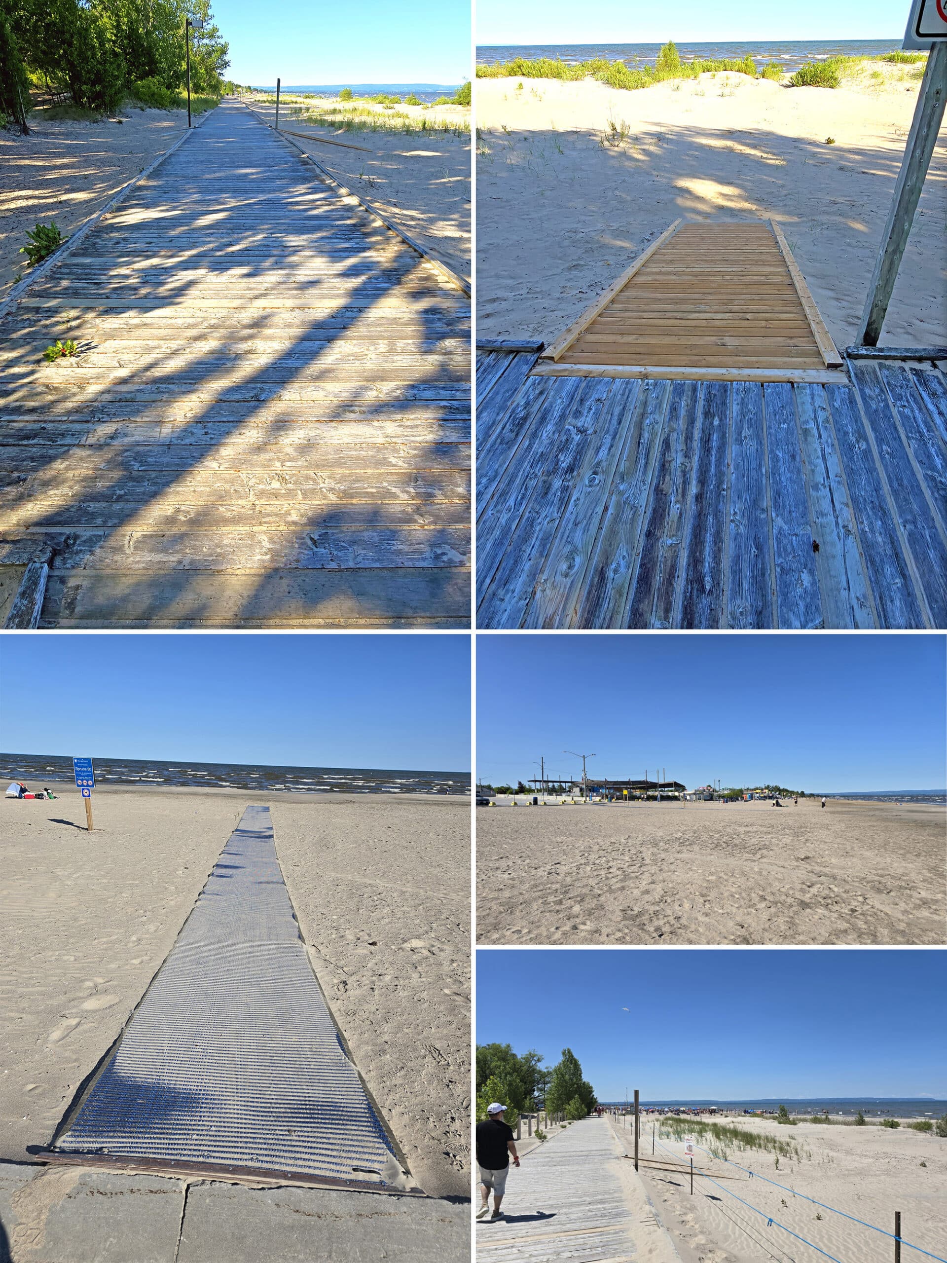 4 part image showing boardwalk, a mobi-mat, and various views of getting down to the Area 1 beach.