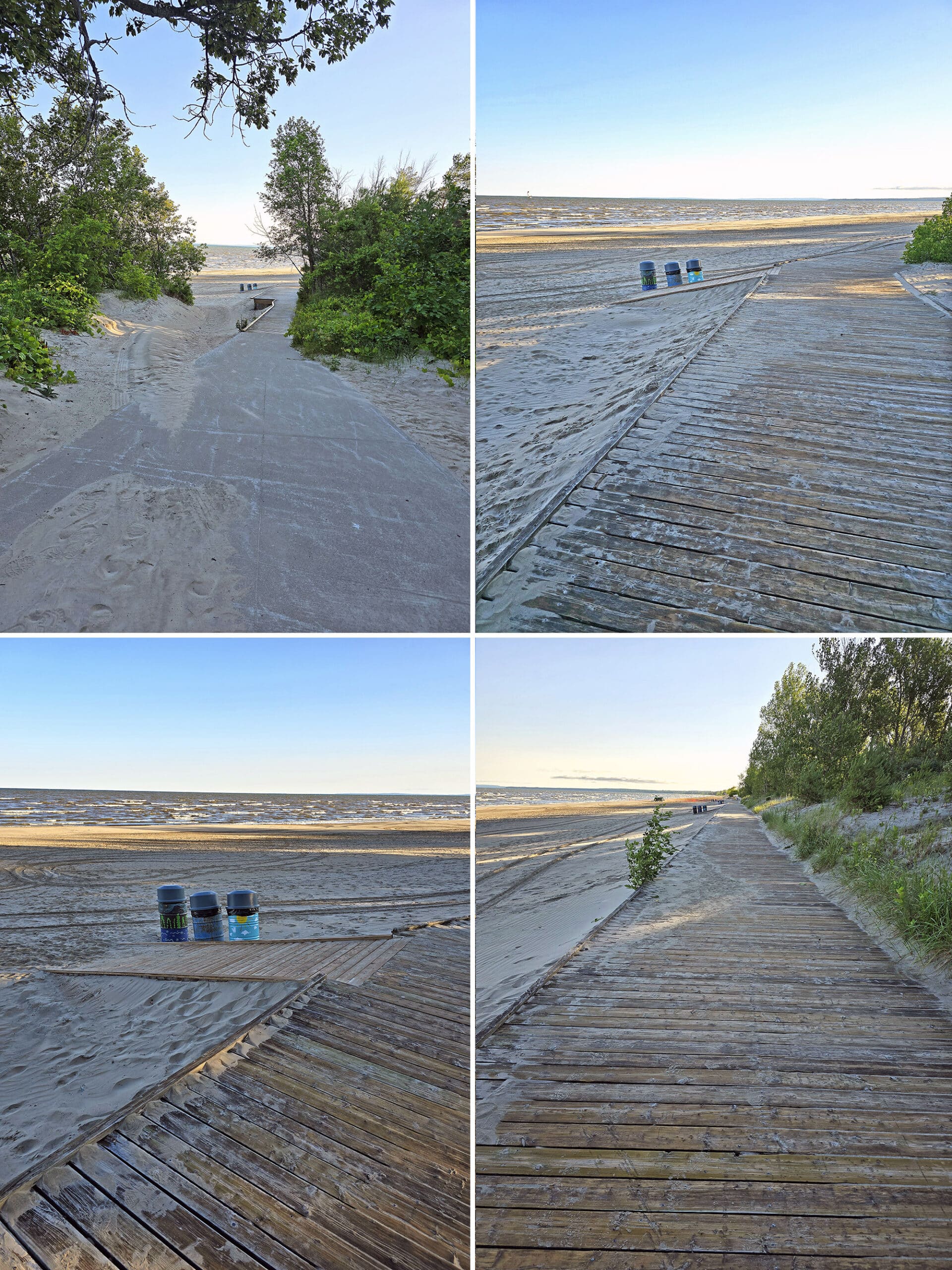 4 part image showing the path to the boardwalk, the boardwalk, and ramps down to the beach at Beach area 2.