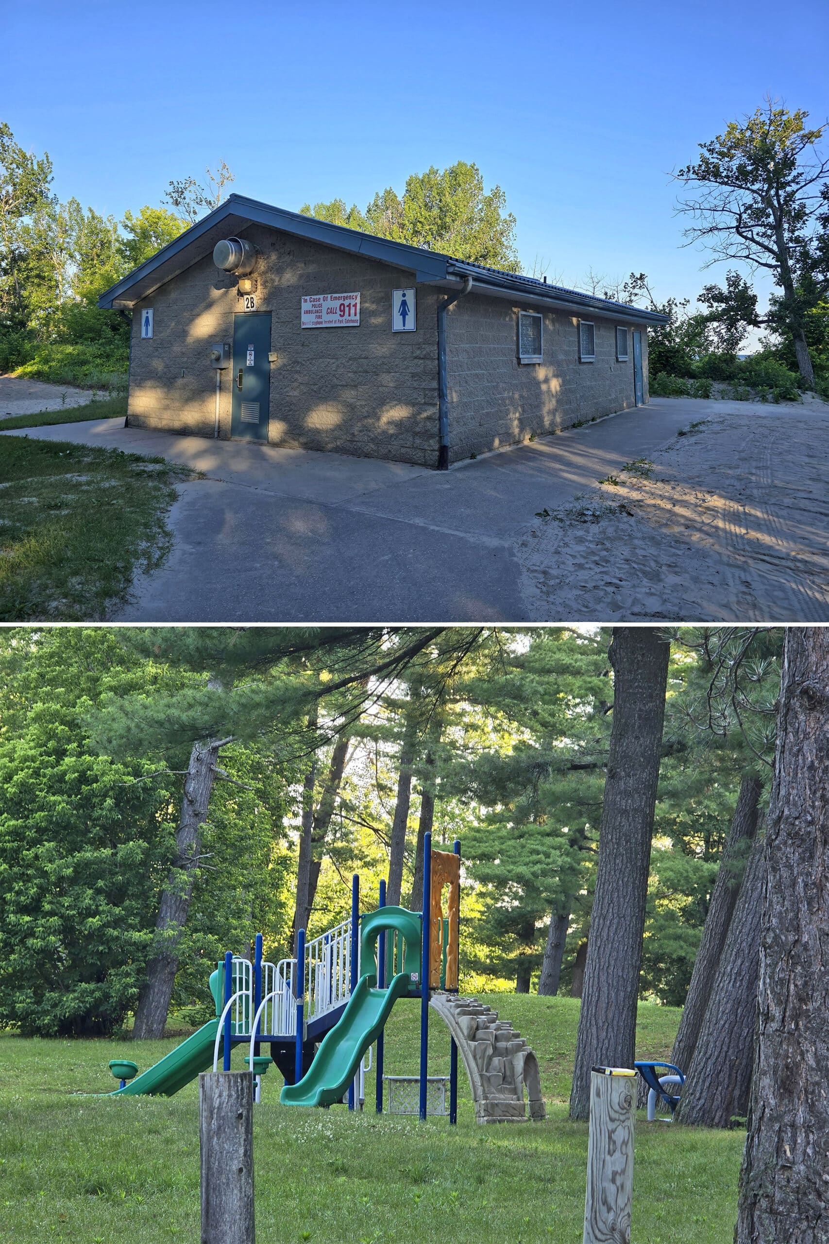 2 part image showing a comfort station and playground at Wasaga Beach Area 2.