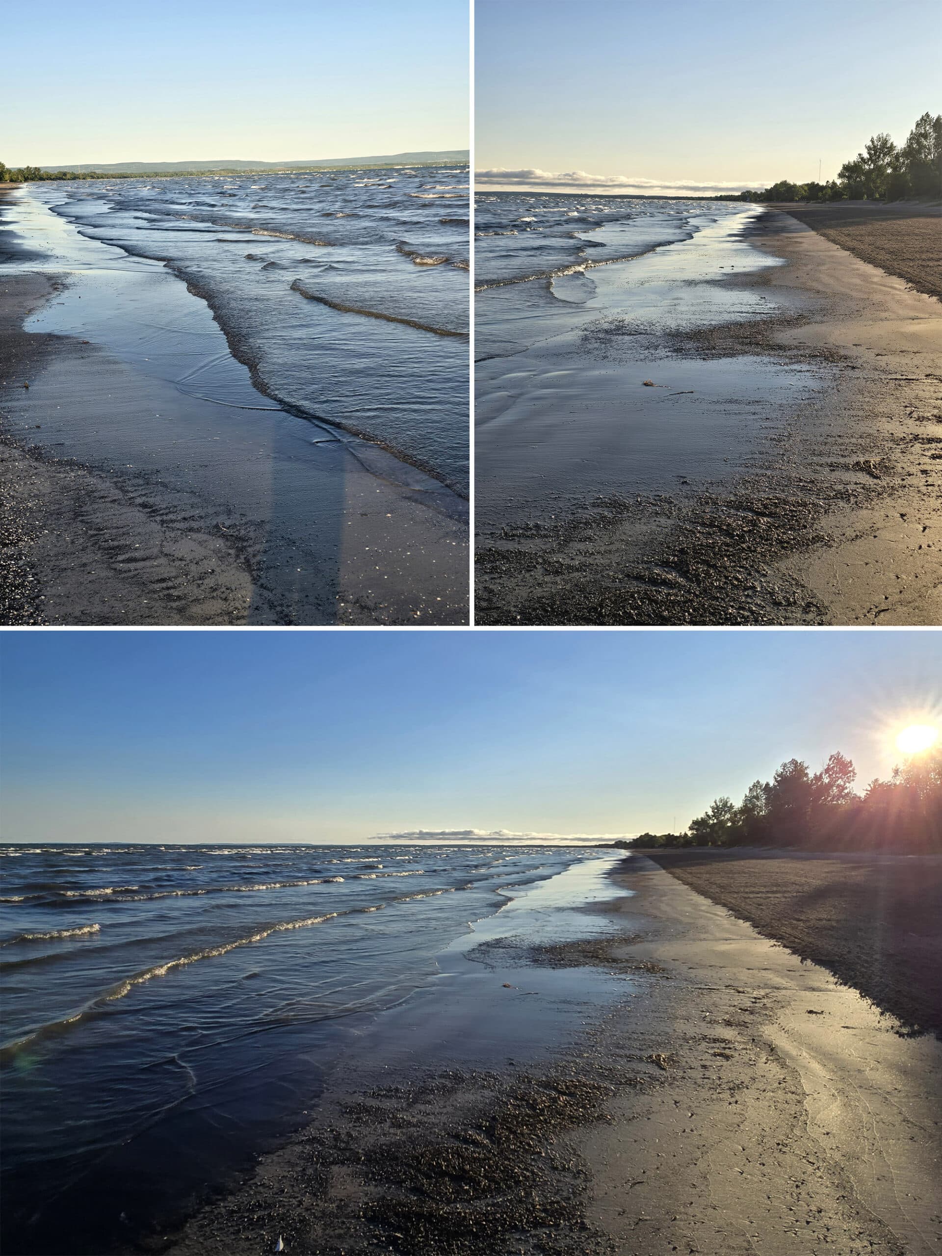 3 part image showing a sandy beach at sunrise.